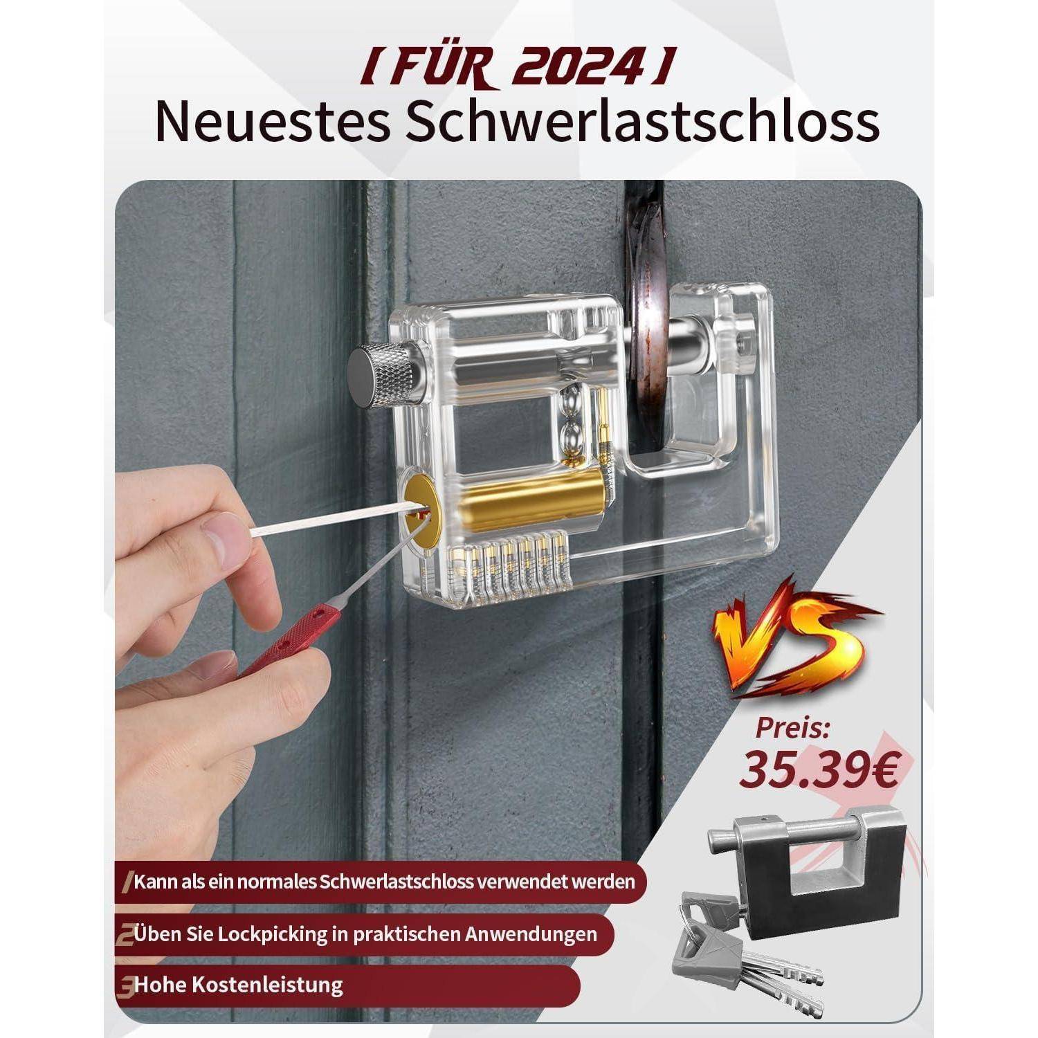 Neuestes Schwerlastschloss für 2024' zeigt ein transparentes Vorhängeschloss, das gesperrt wird. Preis: 35,39€. Enthält Übungshinweise.