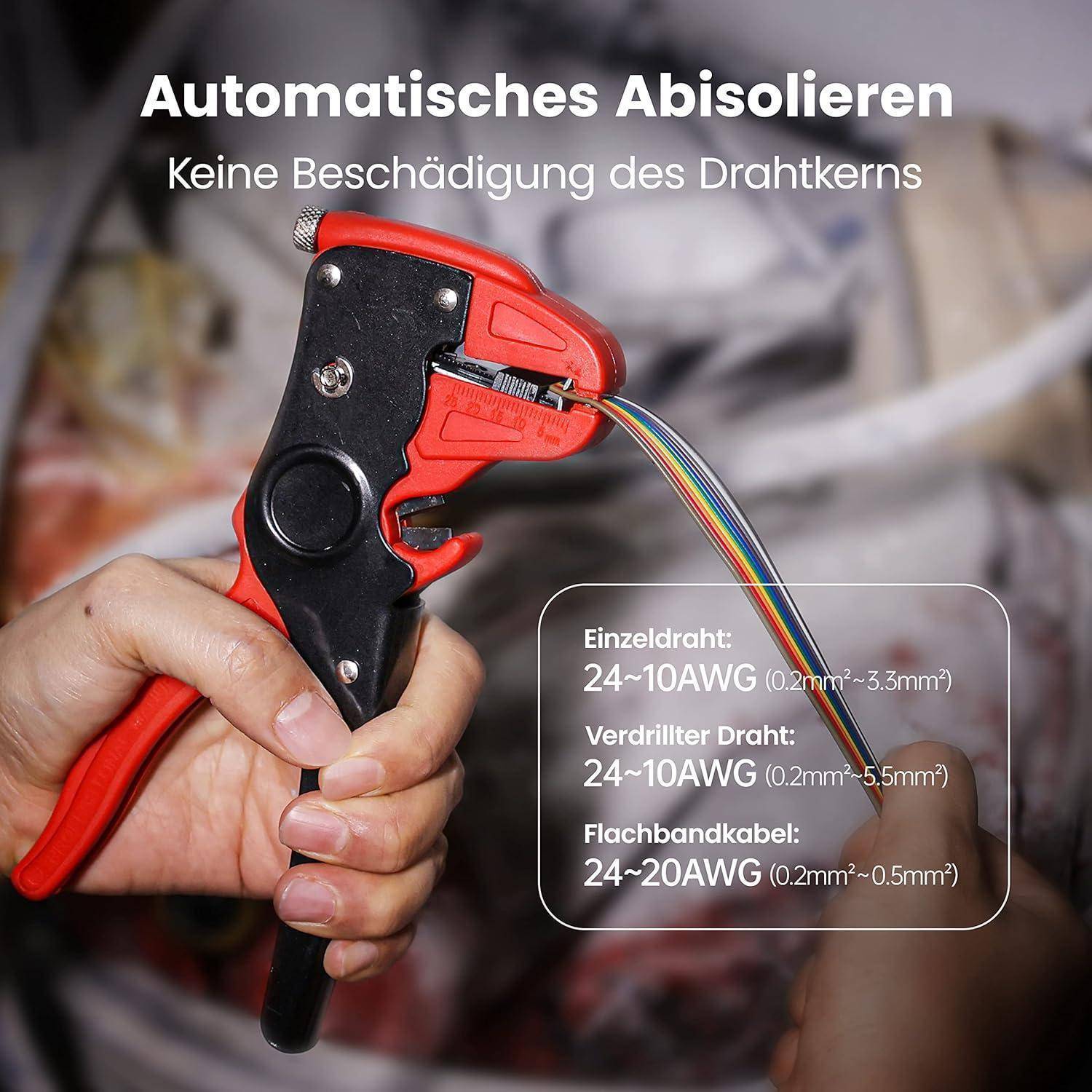Hände, die einen automatischen Abisolierer mit sechs bunten Kabeln halten. Text auf Deutsch beschreibt Kabelquerschnittskapazitäten und Schutzfunktionen.