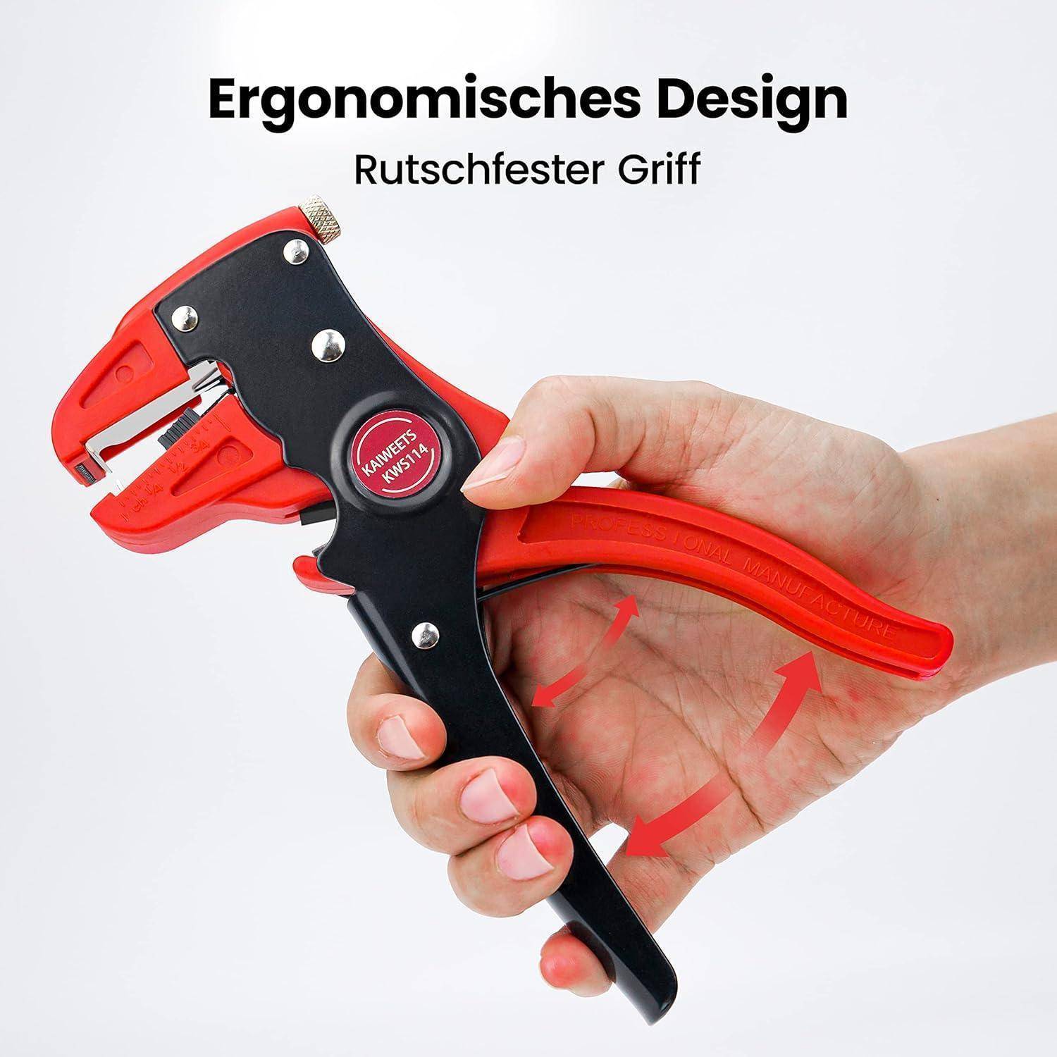 Hand, die ein rotes und schwarzes ergonomisches Werkzeug mit rutschfestem Griff hält; Deutscher Text lautet 