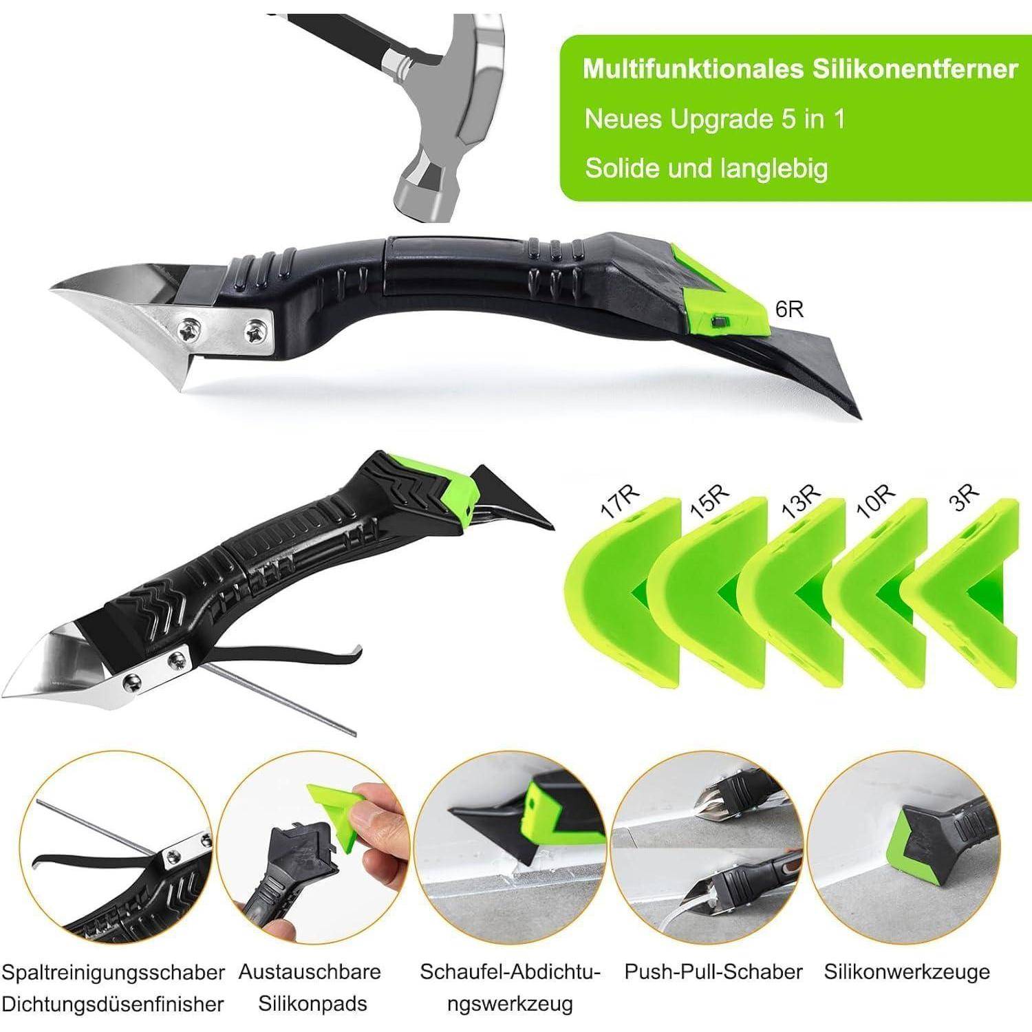 Multifunktionales Silikonentferner'-Werkzeug mit verschiedenen Klingentypen und Anwendungen, mit Schwerpunkt auf Vielseitigkeit und Langlebigkeit.