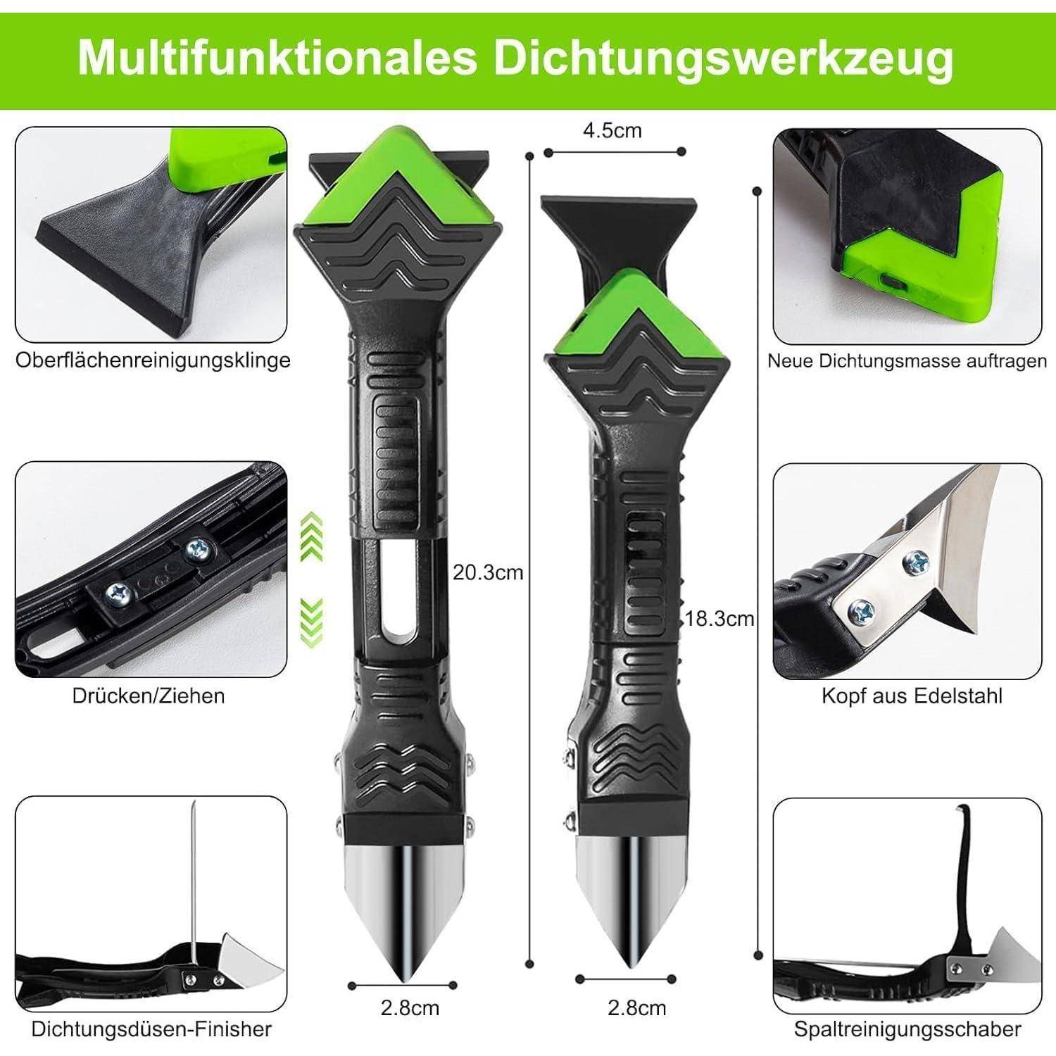 Mehrzweck-Dichtungswerkzeug mit verschiedenen Aufsätzen, einschließlich Reinigungsklinge und Finish-Aufsatz. Abmessungen und Gebrauchsanweisung werden angezeigt.
