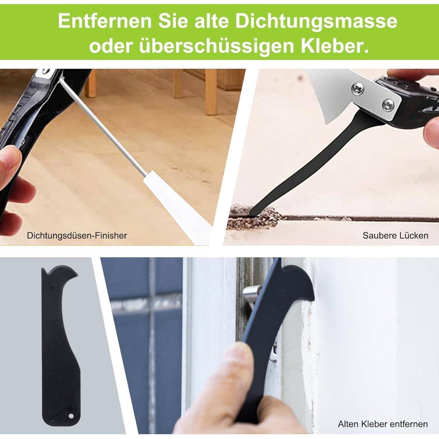 Auf den Bildern ist zu sehen, wie ein Werkzeug zum Entfernen von Dichtungsmasse in Gebrauch ist, das alte Dichtungsmasse oder überschüssigen Kleber entfernt.