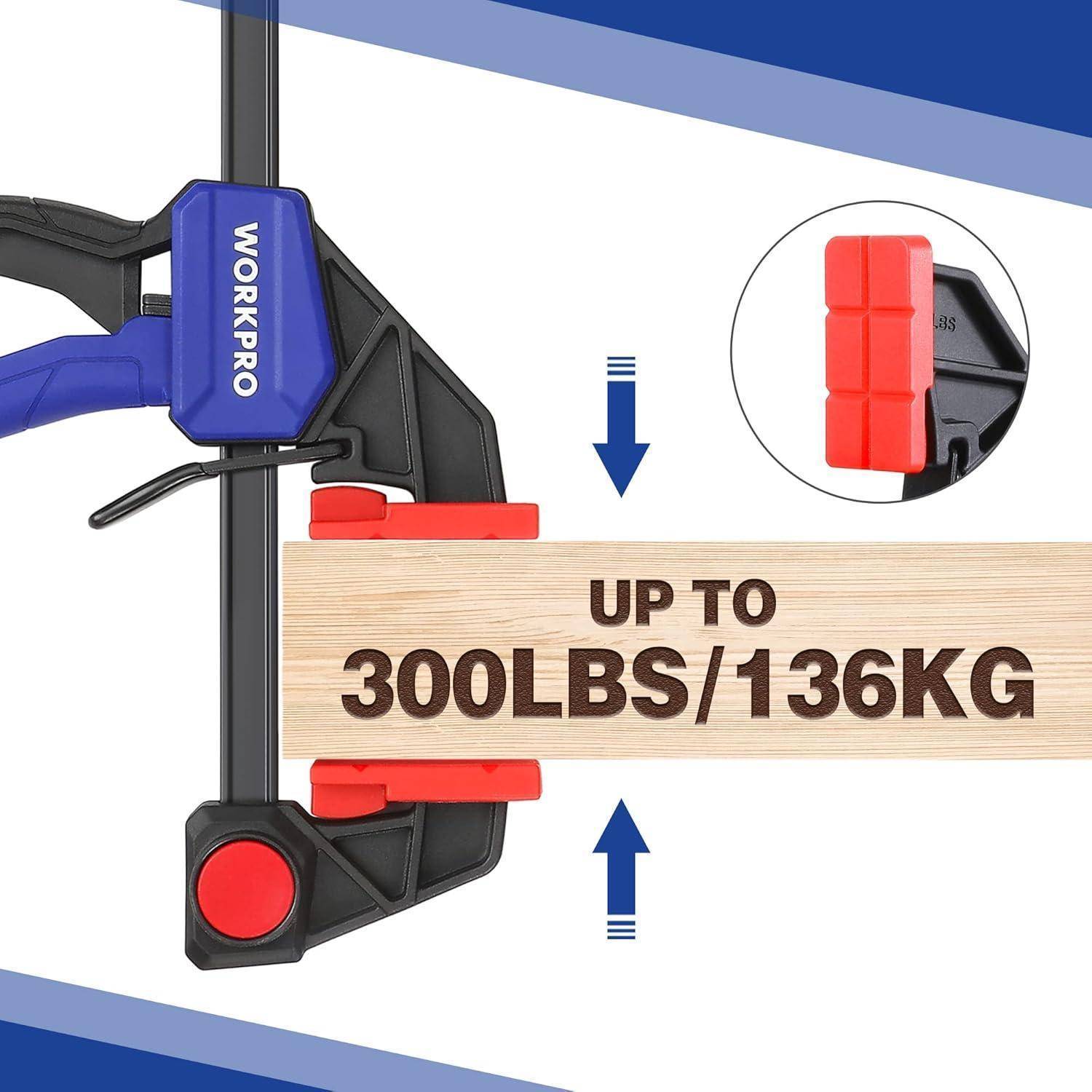 Eine Klammer mit einem blauen Griff, der mit 'WORKPRO' beschriftet ist, und roten Auflagen. Der Text 'BIS ZU 300LBS/136KG' hebt ihre Klemmkapazität hervor.