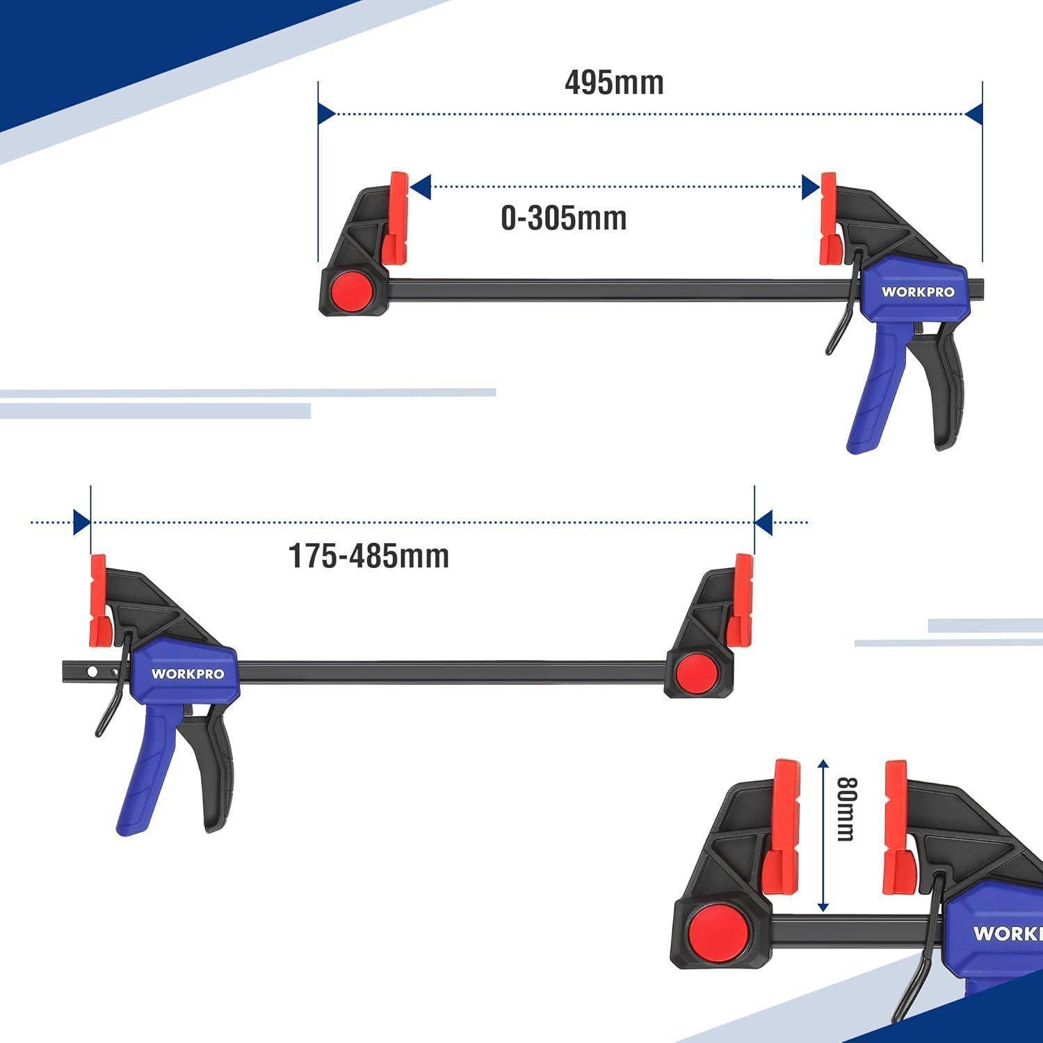 Abbildung zeigt drei Winkel einer verstellbaren Schraubzwinge von Workpro. Obere Leiste erstreckt sich 495 mm, mittlerer Abschnitt verstellbar von 175-485 mm, untere Spannbacke öffnet sich von 0-305 mm.