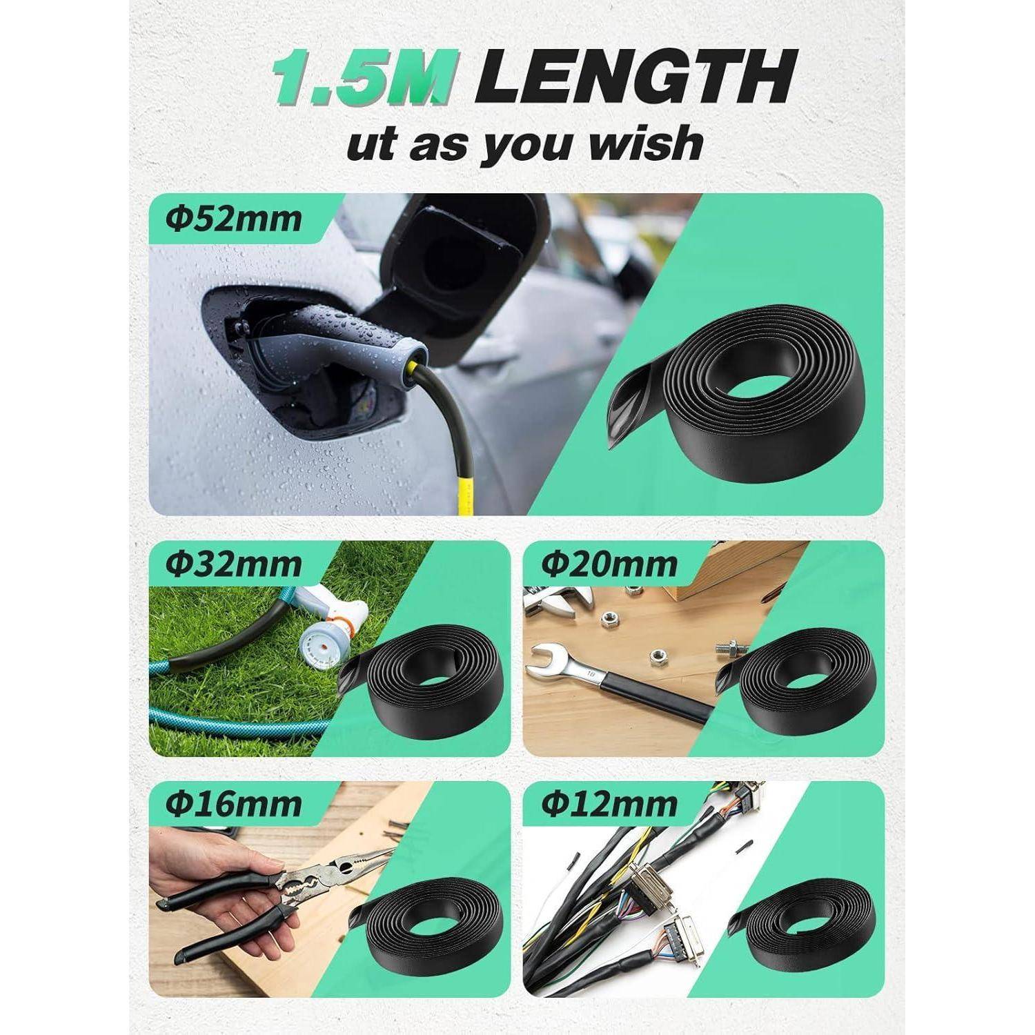 Kabelmanagement-Gurt in vier Durchmessern (52mm, 32mm, 20mm, 16mm, 12mm), 1,5m Länge, zur Organisation von Kabeln in verschiedenen Szenarien.