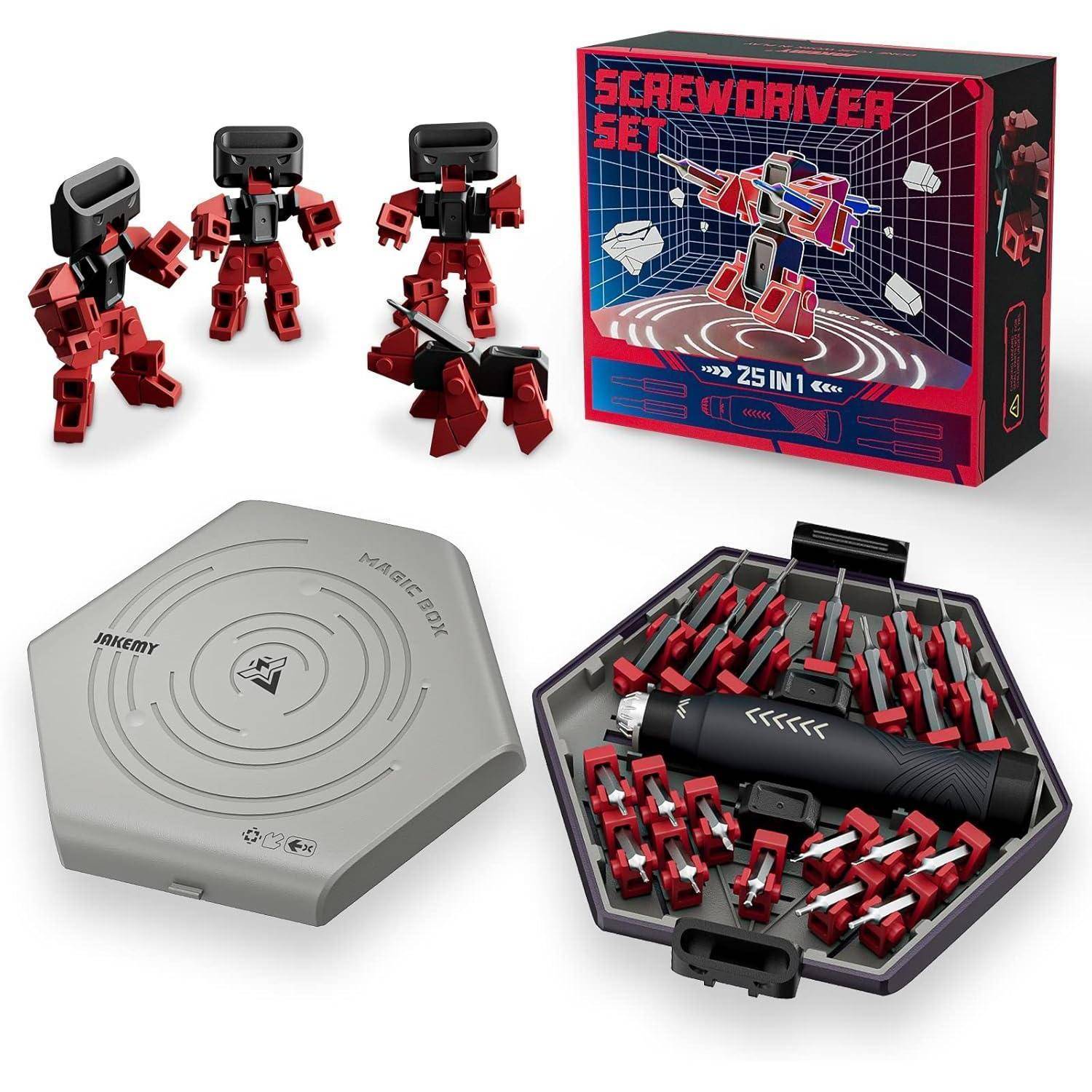 Schraubendreher-Set mit verschiedenen Bits und Griff, begleitet von einem Spielzeugroboter-Bausatz. Verpackung zeigt '25 in 1' auf der Schachtel.