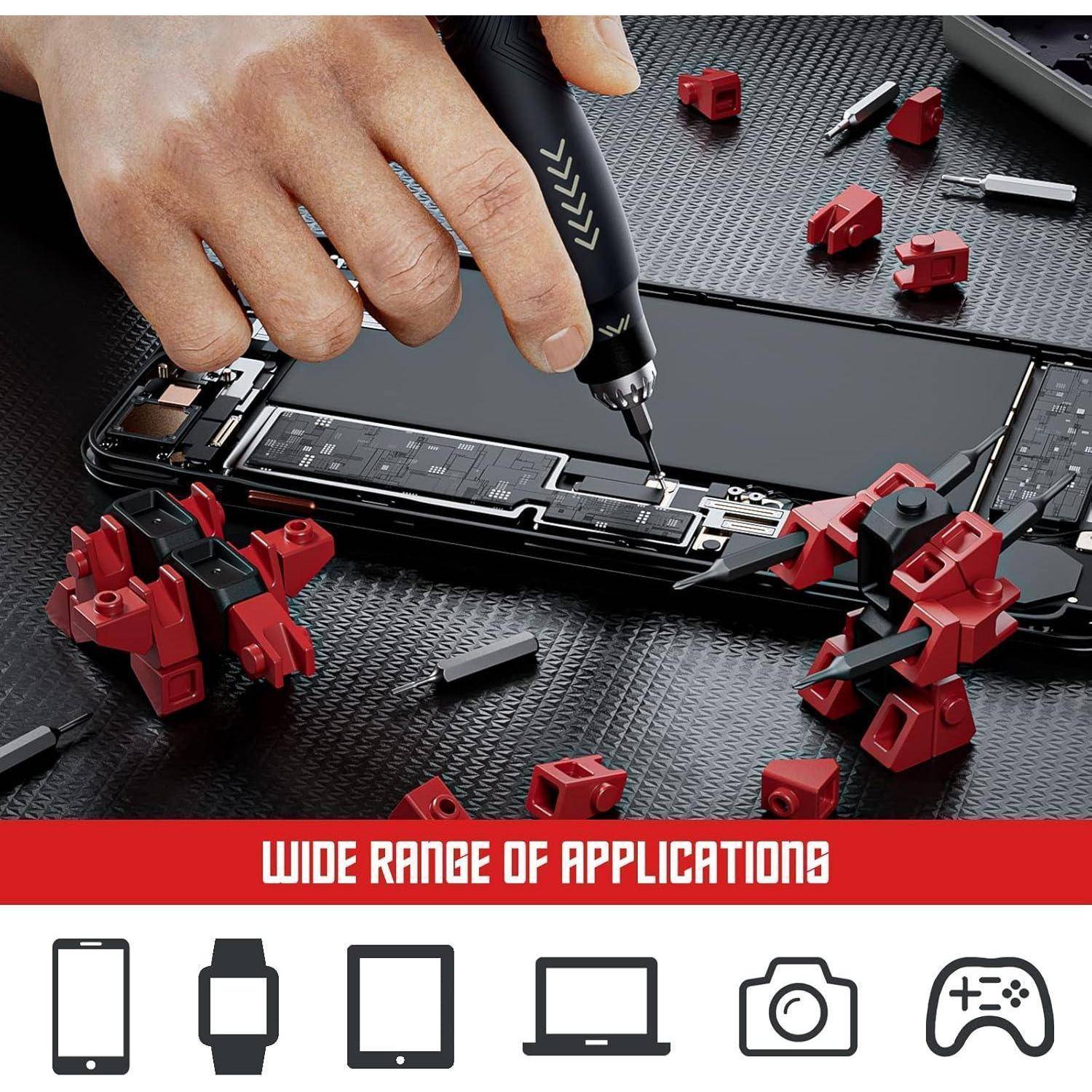 Eine Hand, die einen schwarzen Schraubendreher verwendet, um ein Spielzeug mit roten und schwarzen Teilen zusammenzubauen; darunter befinden sich Symbole für Reparaturen von Telefon, Tablet, Uhr, Kamera und Spielcontroller.