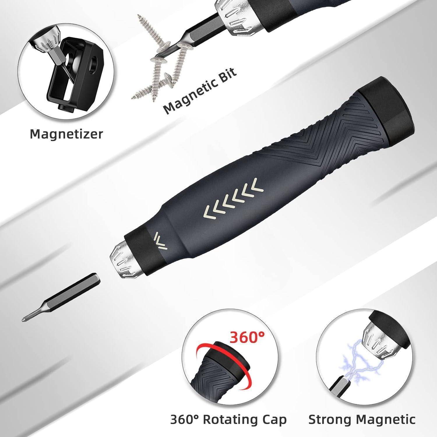 Ein dunkelblaues Schraubendreher mit magnetischem Bit, starkem Magneten und 360° drehbarem Deckel. Eingesetzte Bilder heben Funktionen wie den Magnetisierer hervor.