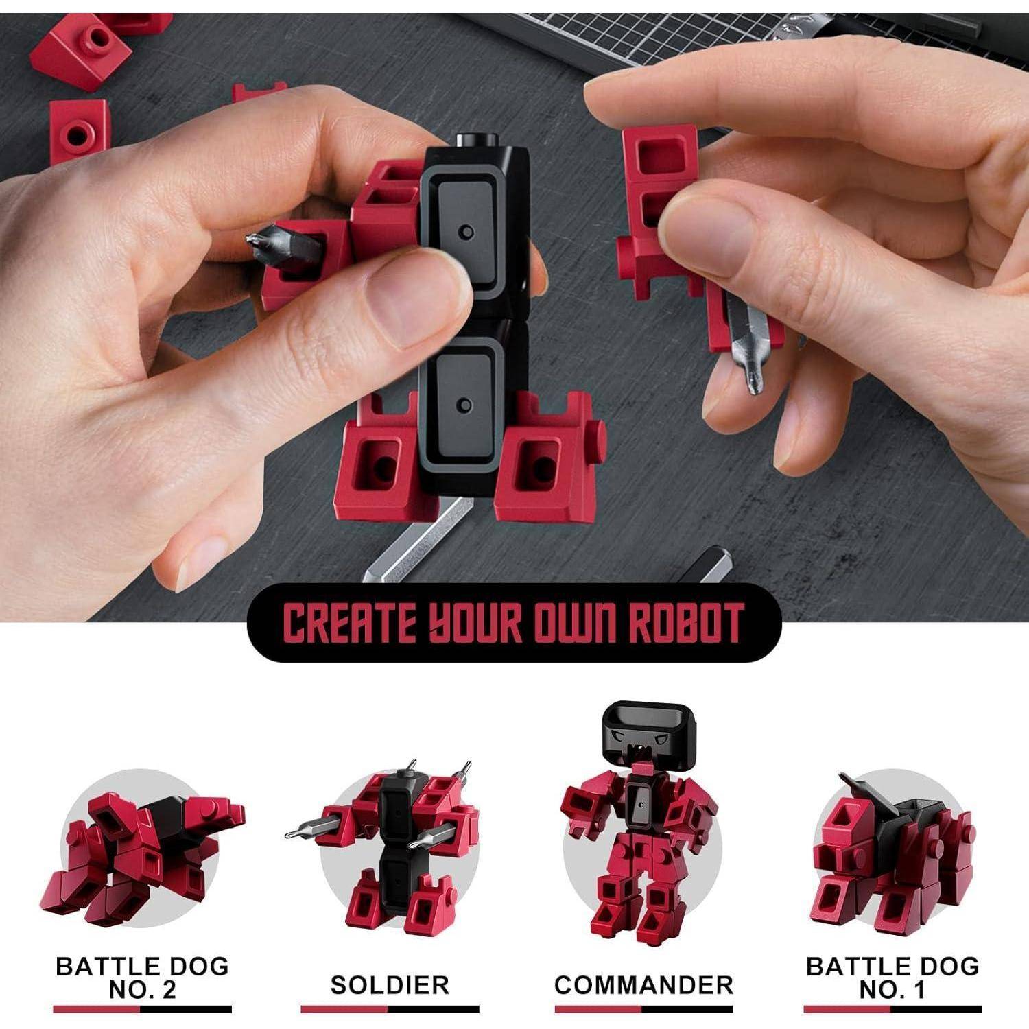 Hände, die ein rotes und schwarzes Robotermodell mit auswechselbaren Teilen zusammenbauen. Darunter beschriftete Modelle: 'Kampfhund', 'Soldat', 'Kommandeur'.