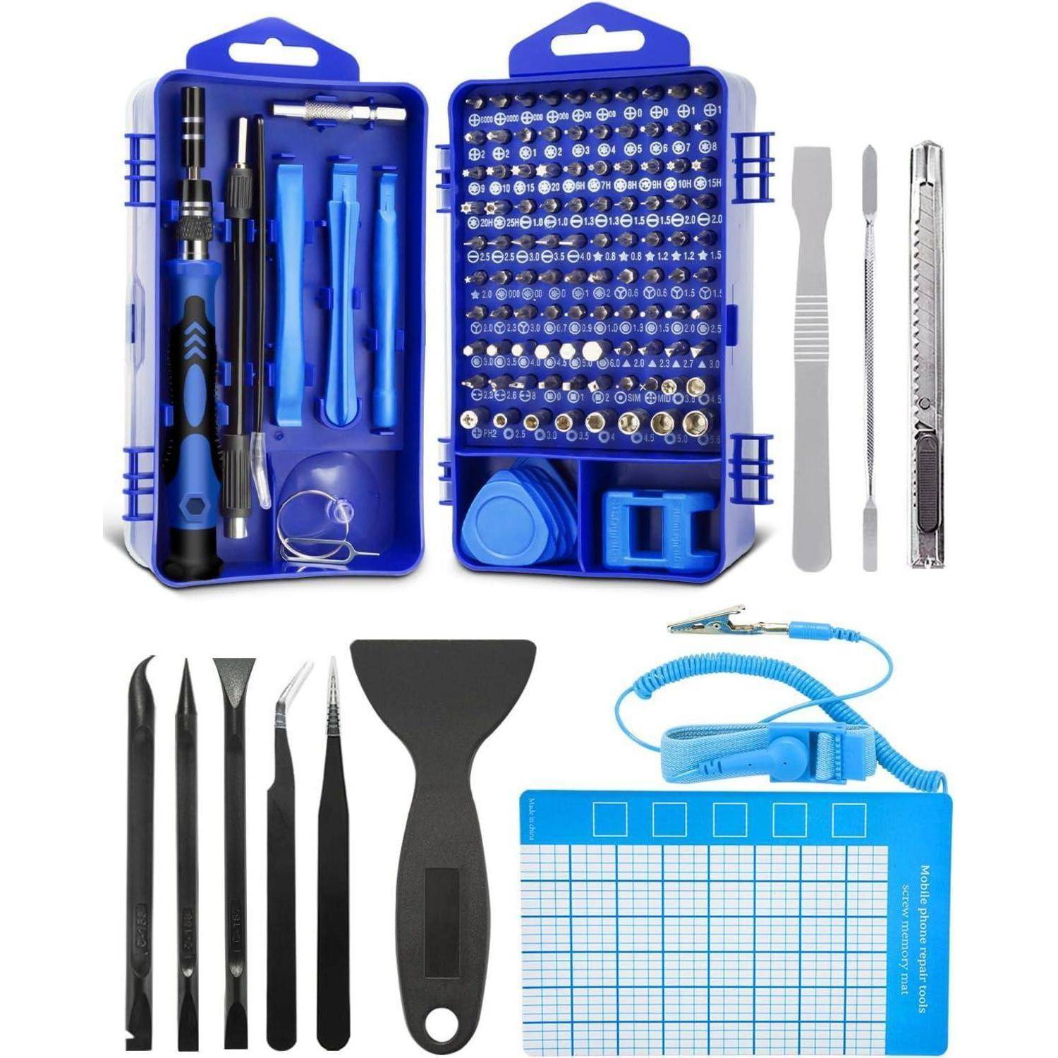 Blaues elektronisches Reparatur-Werkzeugset mit Schraubendreher-Set, Pinzetten, Hebewerkzeugen, Spatel, Saugnapf, antistatischem Handgelenkband und magnetischer Matte.