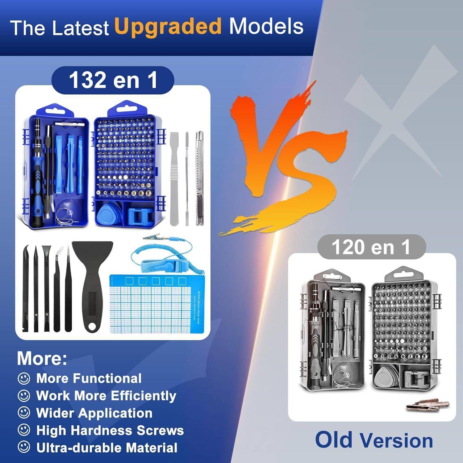 Vergleich der Werkzeugsets: Links das neue 132-in-1-Modell, funktionaler mit breiterer Anwendbarkeit; Rechts die alte 120-in-1-Version.