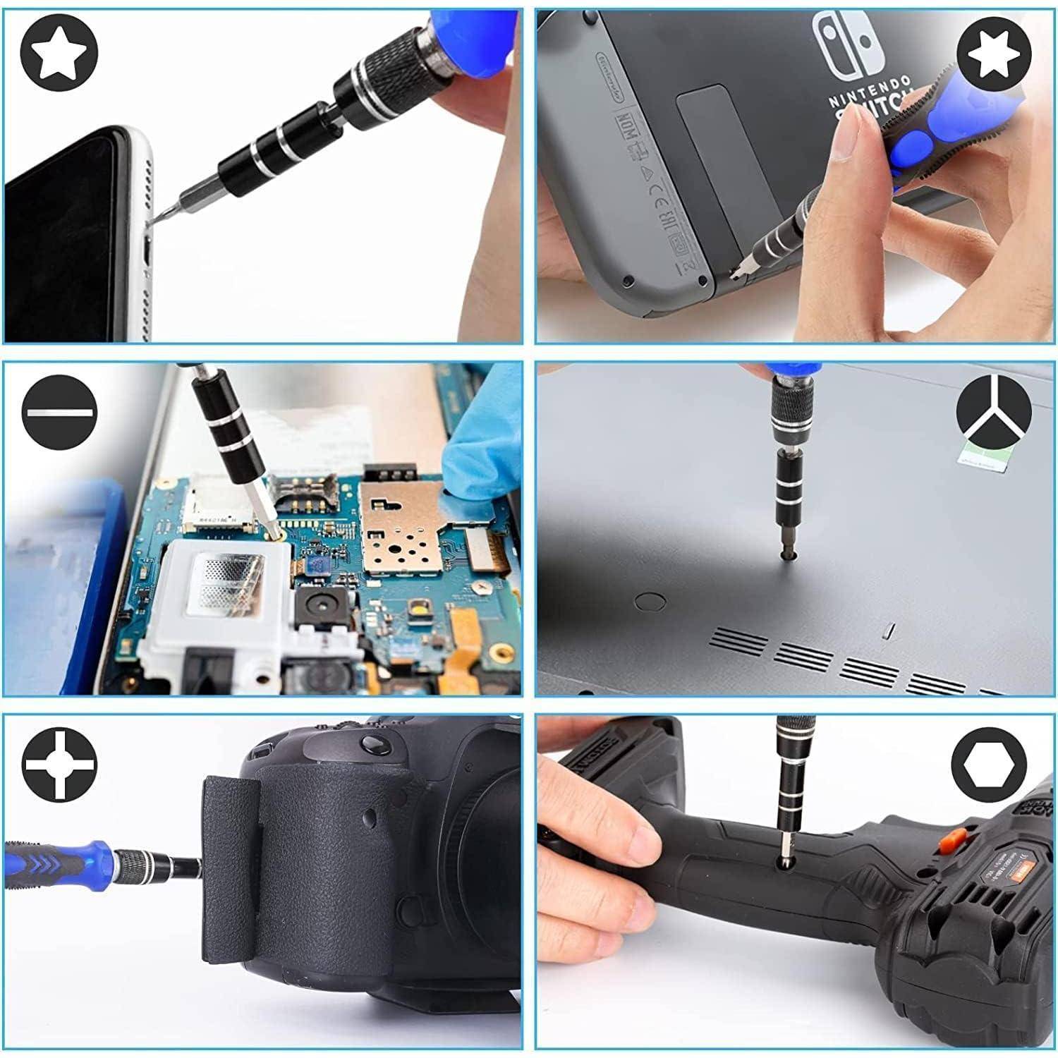 Eine Person benutzt einen Schraubendreher, um verschiedene elektronische Geräte zu reparieren, darunter eine Spielkonsole, ein Smartphone, eine Leiterplatte, einen Laptop, eine Kamera und ein Elektrowerkzeug.