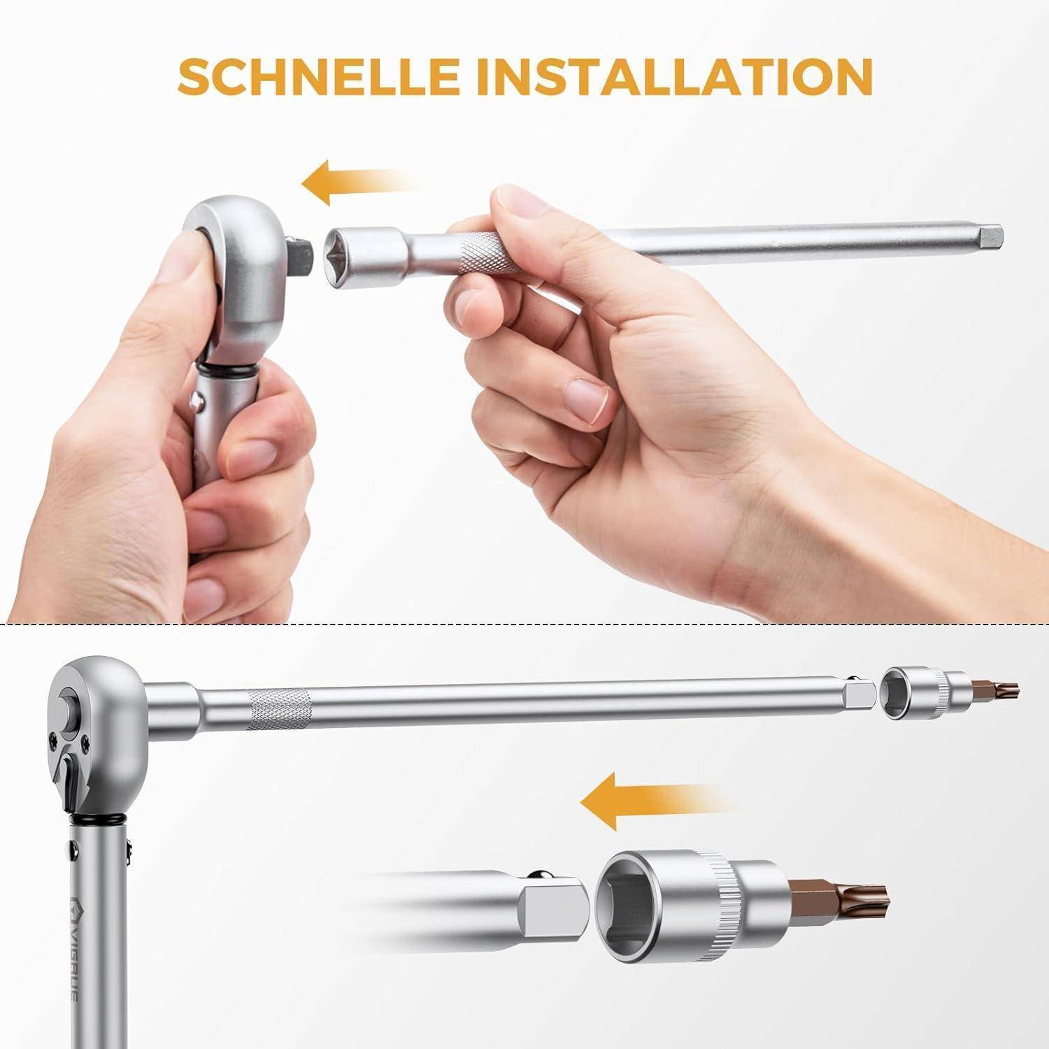 Schnelle Installation' zeigt Hände, die eine flexible Sockelverlängerung an einem Werkzeug befestigen und damit einen schnellen und einfachen Zusammenbau demonstrieren.