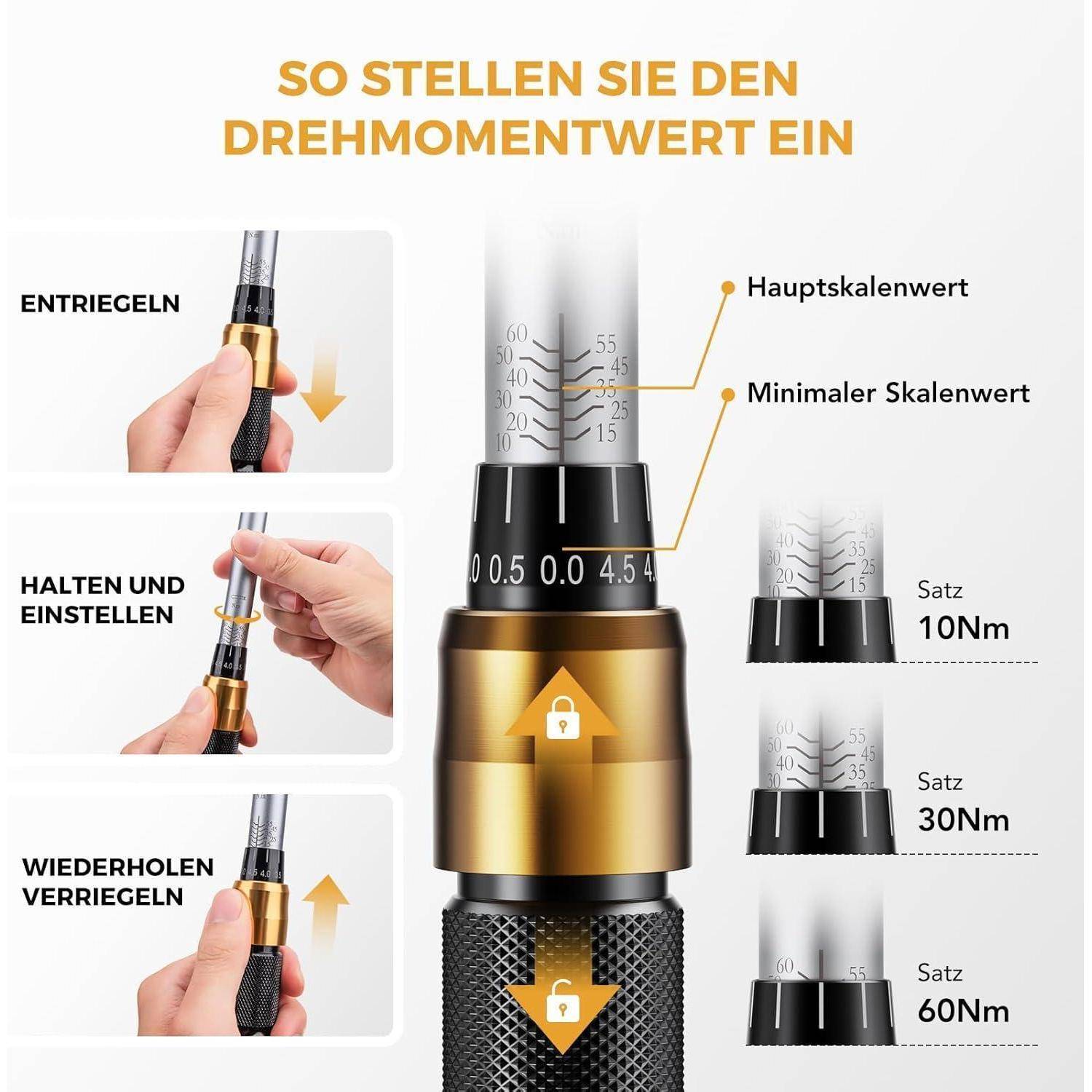Anleitungsbild zur Einstellung des Drehmomentwertes an einem Werkzeug: entriegeln, halten und justieren, verriegeln. Hauptskala, Minimalskala, Beispielwerte.