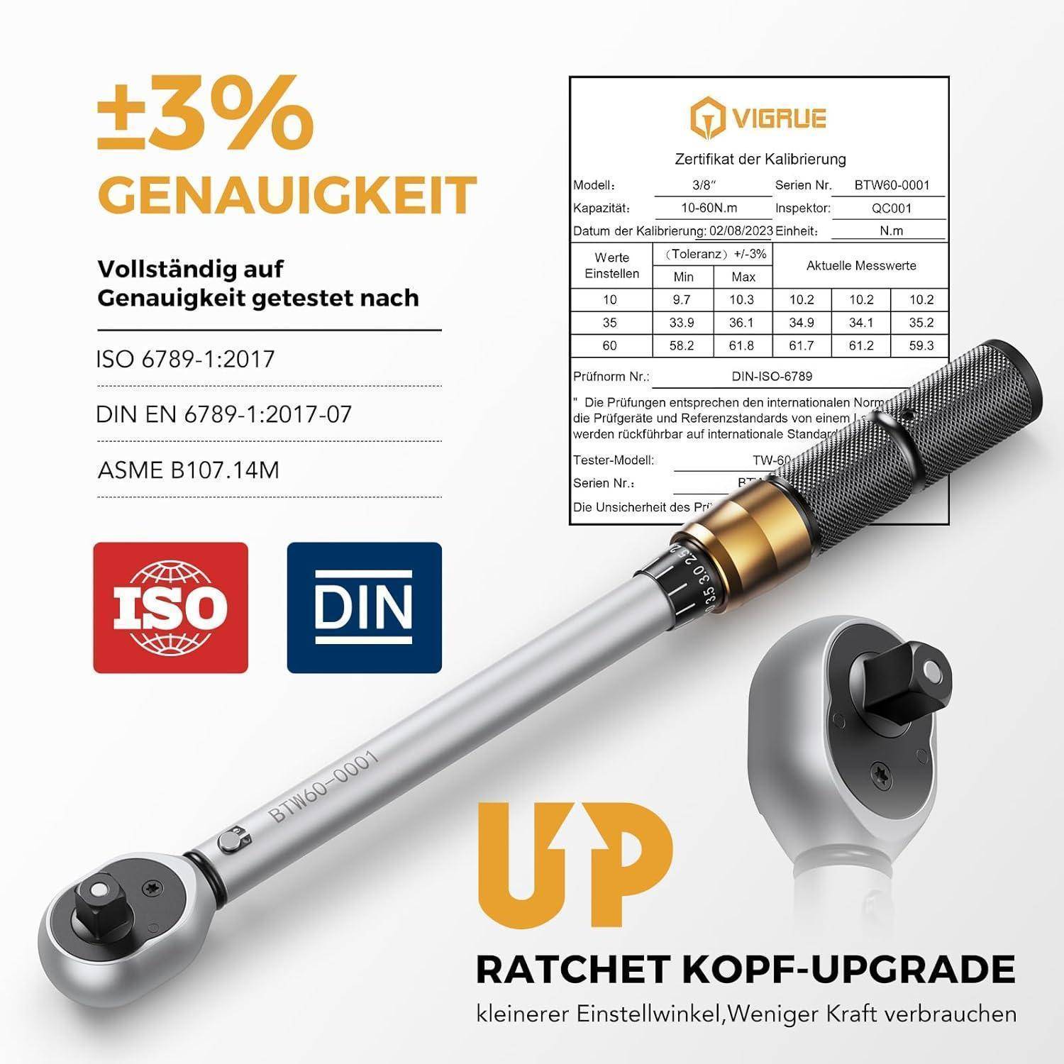 Drehmomentschlüssel mit %3 Genauigkeitssteigerung dargestellt. Kalibrierbescheinigung sichtbar. Geprüft nach ISO-, DIN- und ASME-Normen.