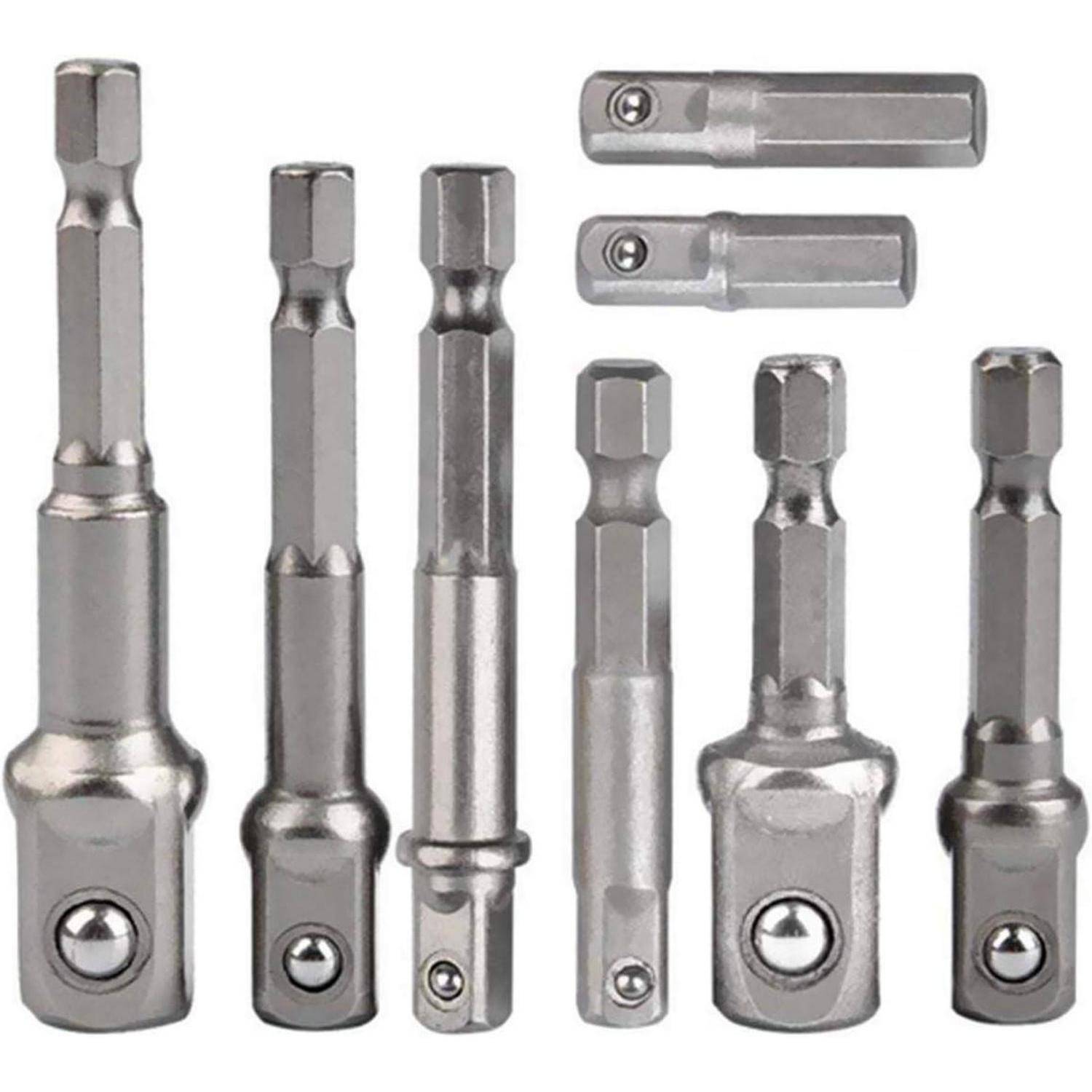Ein Satz von sieben metallischen Bohrbitadaptern unterschiedlicher Längen, die zum Anschließen von Bohrern an eine Bohrmaschine für vielseitige Anwendungen verwendet werden.
