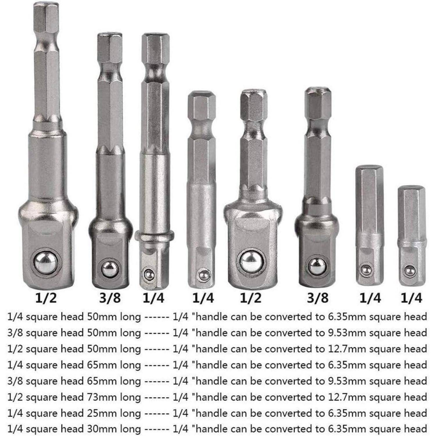 Verschiedene Steckdosenadapter werden gezeigt, die von 50 mm bis 75 mm in der Länge reichen, umrüstbar auf verschiedene quadratische Kopfgrößen, zur einfachen Identifikation gekennzeichnet.