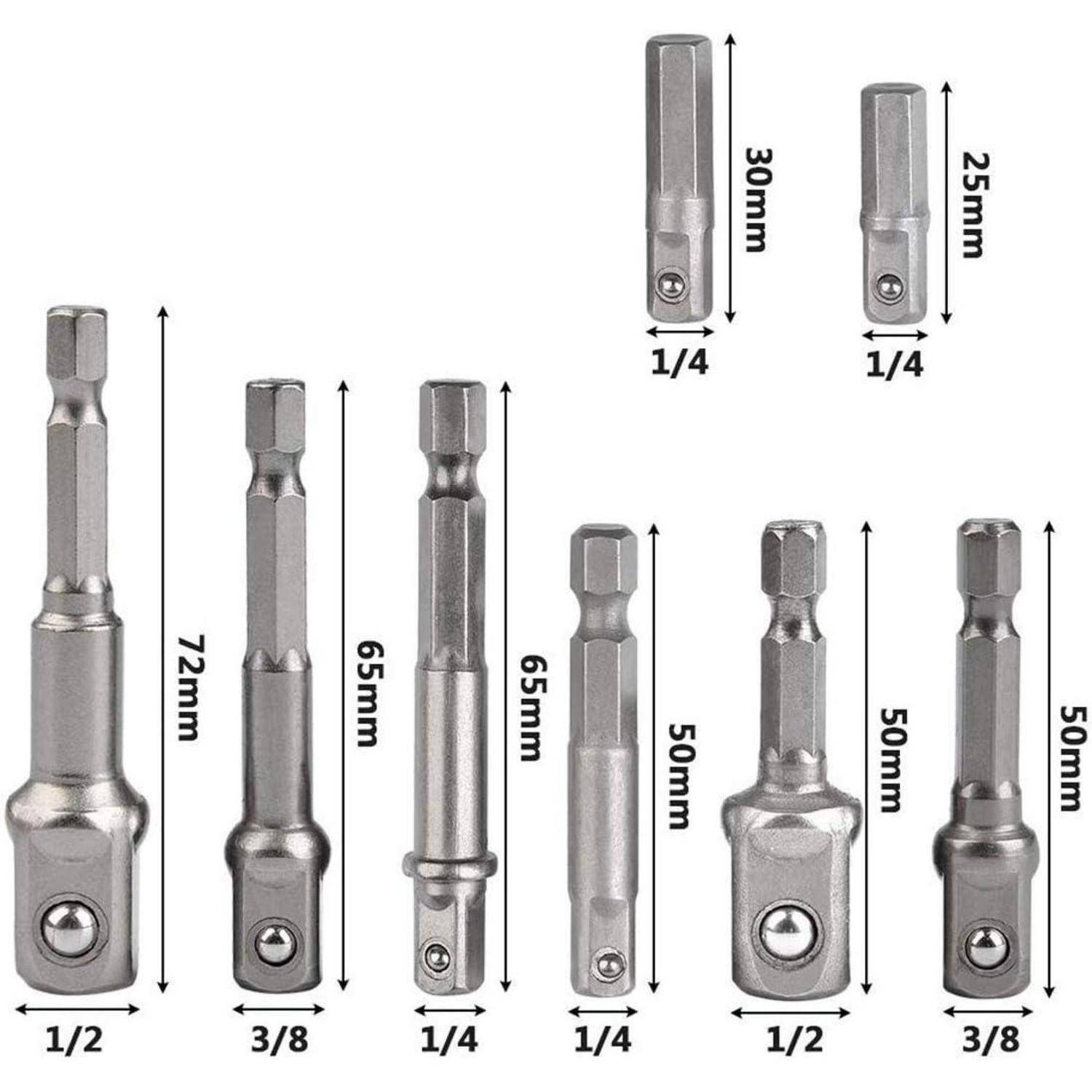 Satz von neun metallischen Steckschlüssel-Adapter-Verlängerungen, in Größen von 25 mm bis 72 mm, mit Antriebsgrößen gekennzeichnet als 1/2, 3/8 und 1/4 Zoll.