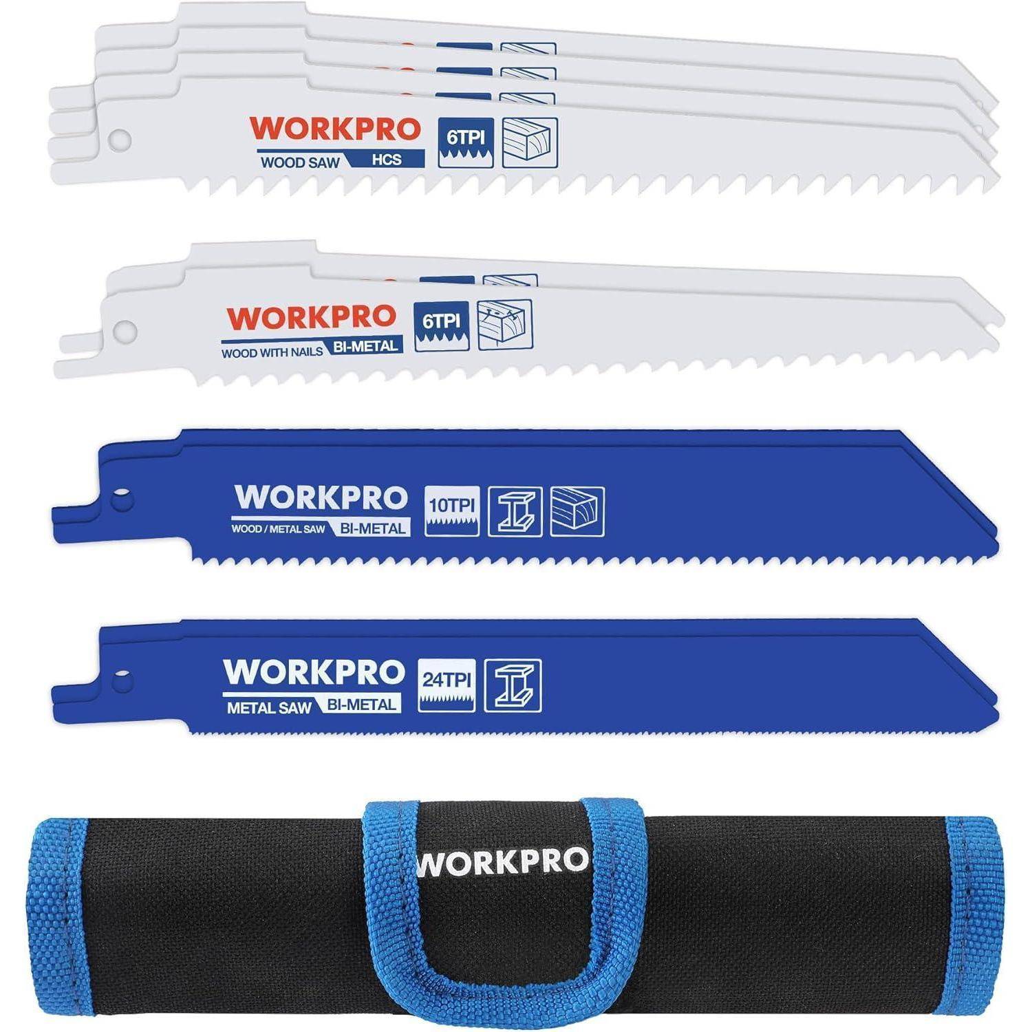 Set von sechs Sägeblättern der Marke 'WORKPRO' zum Schneiden von Holz und Metall, in verschiedenen Größen und mit unterschiedlicher Zahnung pro Zoll (6 TPI, 10 TPI, 24 TPI). Inklusive Aufbewahrungsbeutel.