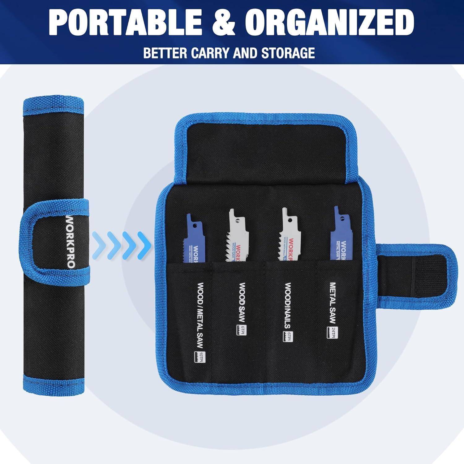 Eine aufgerollte Werkzeugtasche von 'WORKPRO' mit drei Fächern, die Sägeblätter für Holz und Metall enthält und Mobilität und Organisation betont.