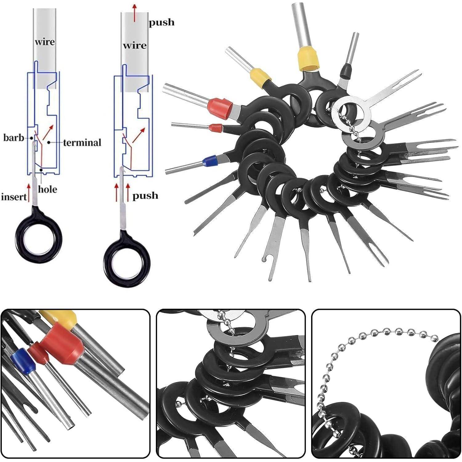 Das 'Car Terminal Removal Tool Set' besteht aus verschiedenen Metallstift-Extraktoren zum Entfernen von elektrischen Leitungen aus Kabelbaum-Steckverbindern von Fahrzeugen.