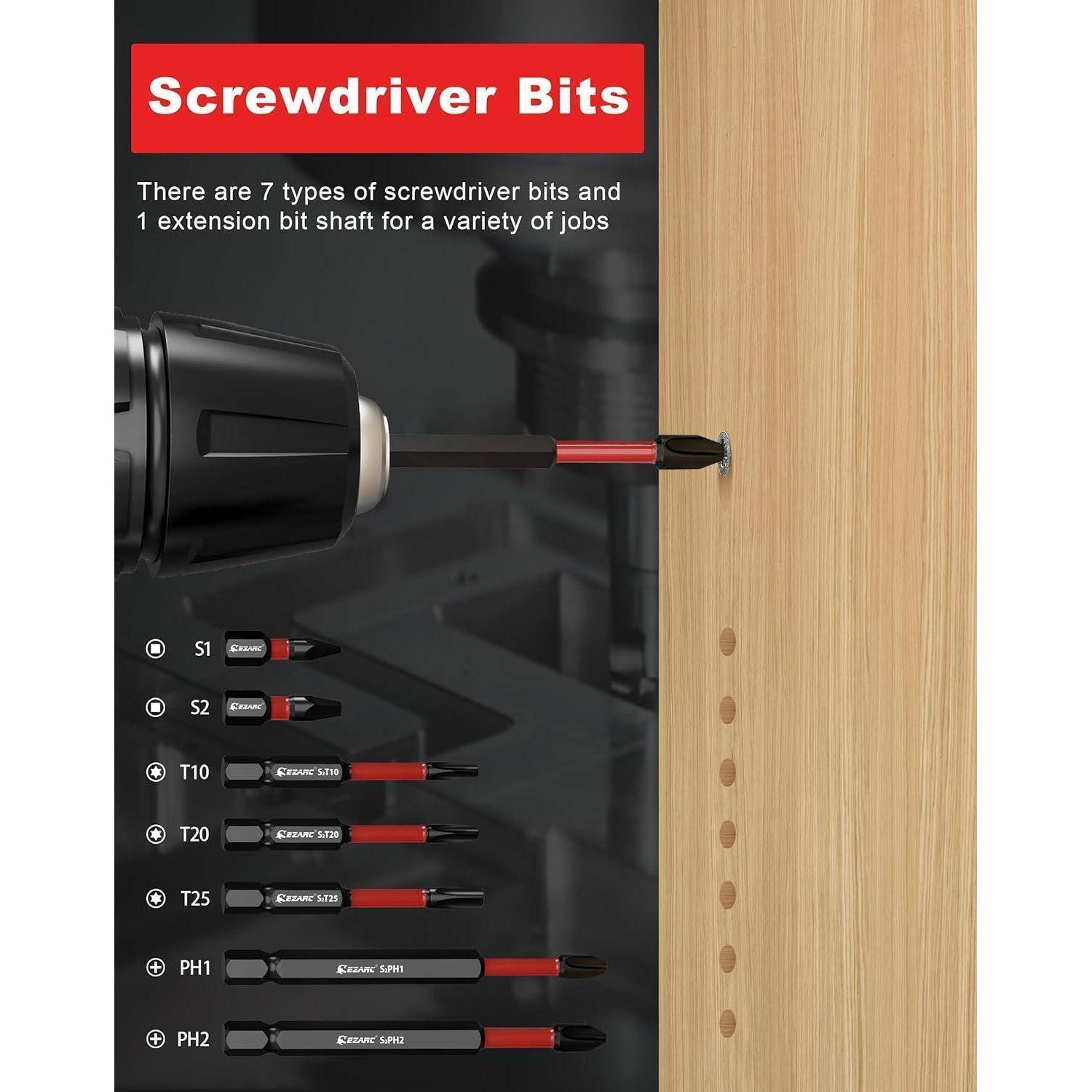 Schraubendreher-Bits-Box, die 7 Typen zeigt: S1, S2, T10, T20, T25, PH1, PH2. Demonstriert den Einsatz des Verlängerungsbits-Schafts auf einer Holzplatte.