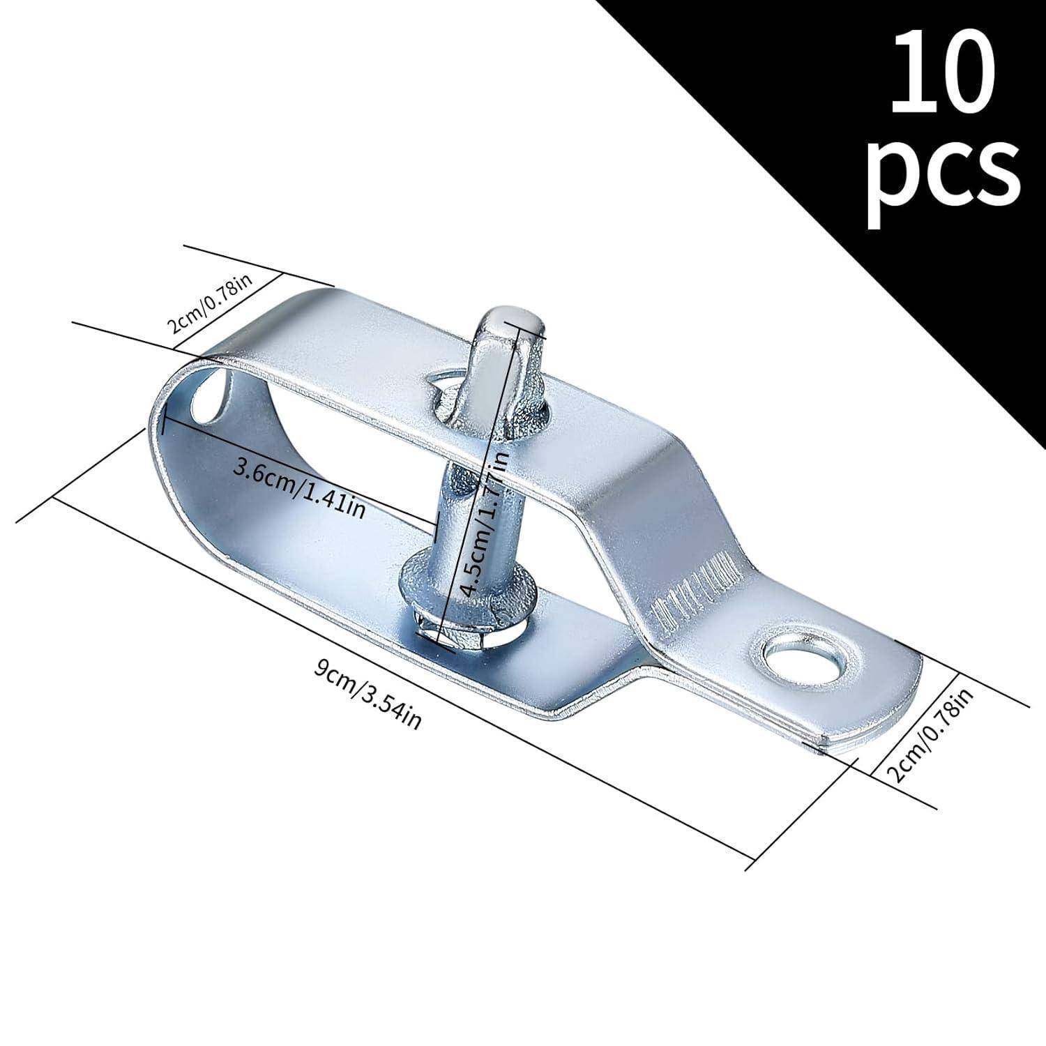 Metallischer Hakenriegel mit Befestigungslöchern. Maße: 9 cm Länge, 3,6 cm Breite, 2 cm Höhe. Verpackung enthält 10 Stück.