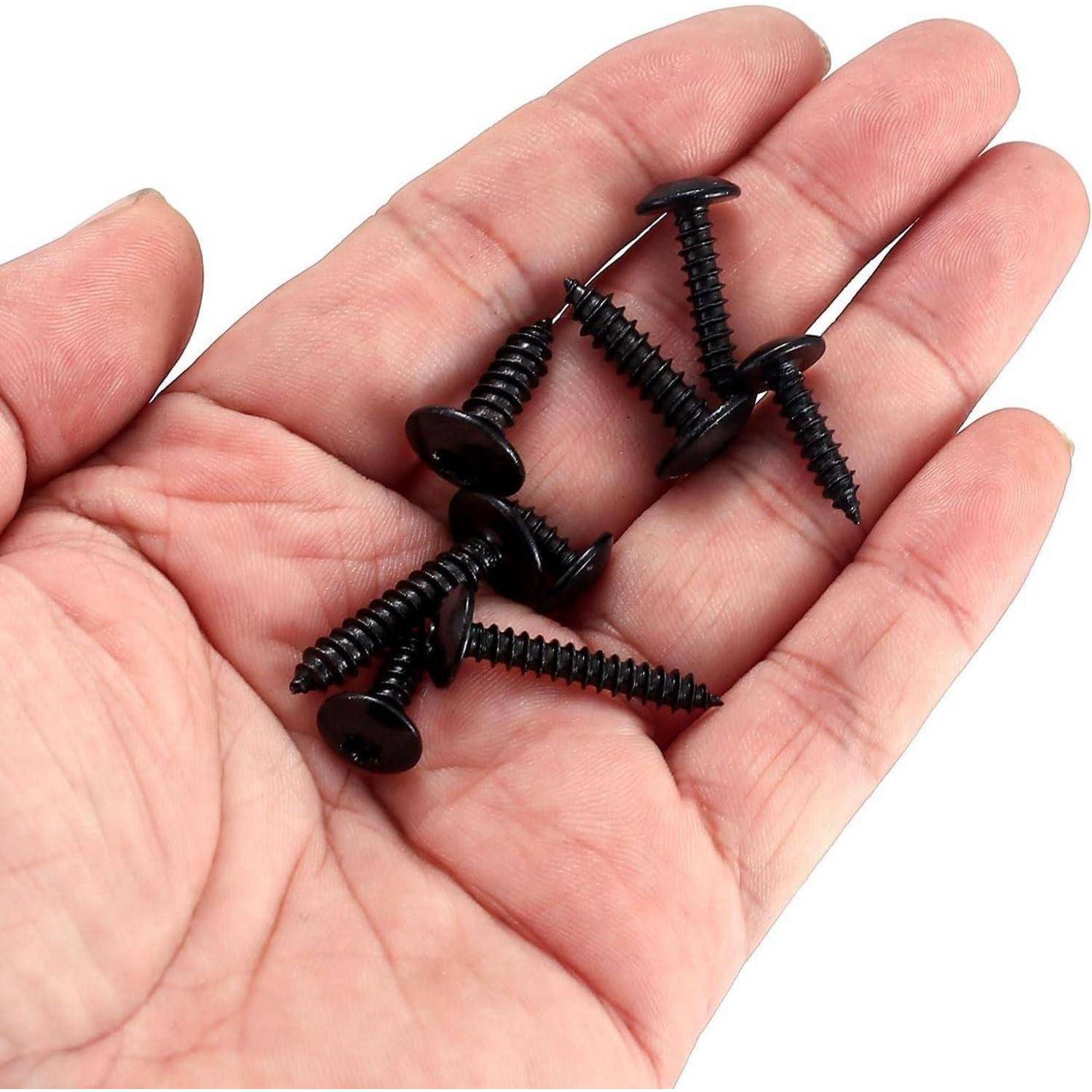 Eine Hand hält mehrere schwarze Schrauben und zeigt deren Größe und Design.