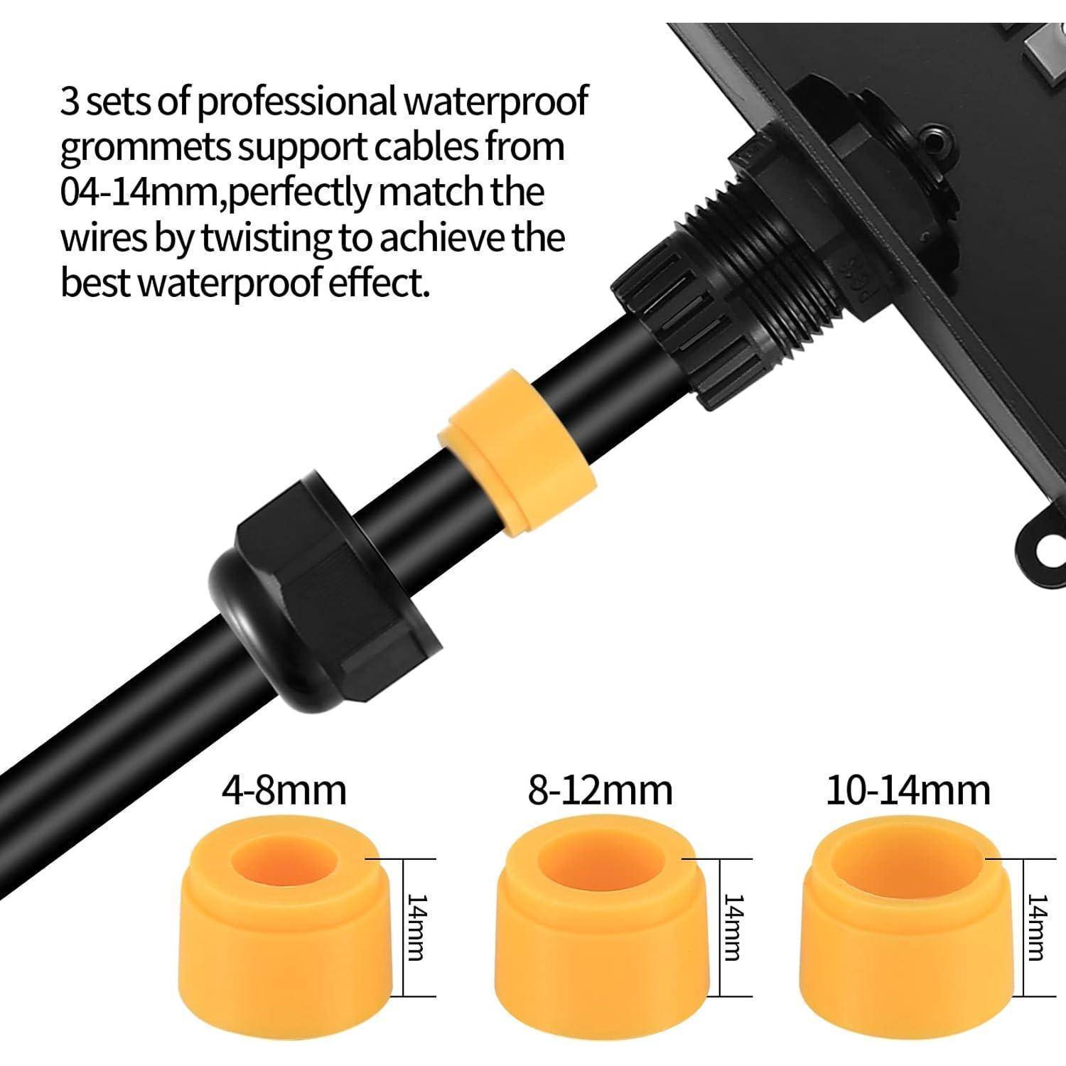 Satz professioneller wasserdichter Kabeldurchführungen in drei Größen (4-8mm, 8-12mm, 10-14mm) zum Sichern von Kabeln und Gewährleistung einer dichten wasserdichten Abdichtung.