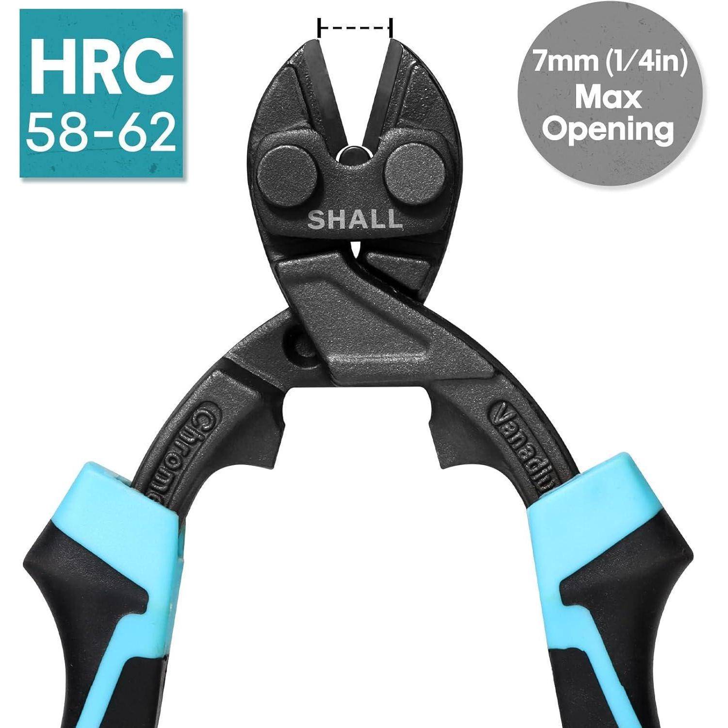 Bolzenschneider mit blauen Griffen, Härte 'HRC 58-62', und maximale Kieferöffnung von 7 mm (1/4 Zoll), gekennzeichnet mit 'SHALL'.