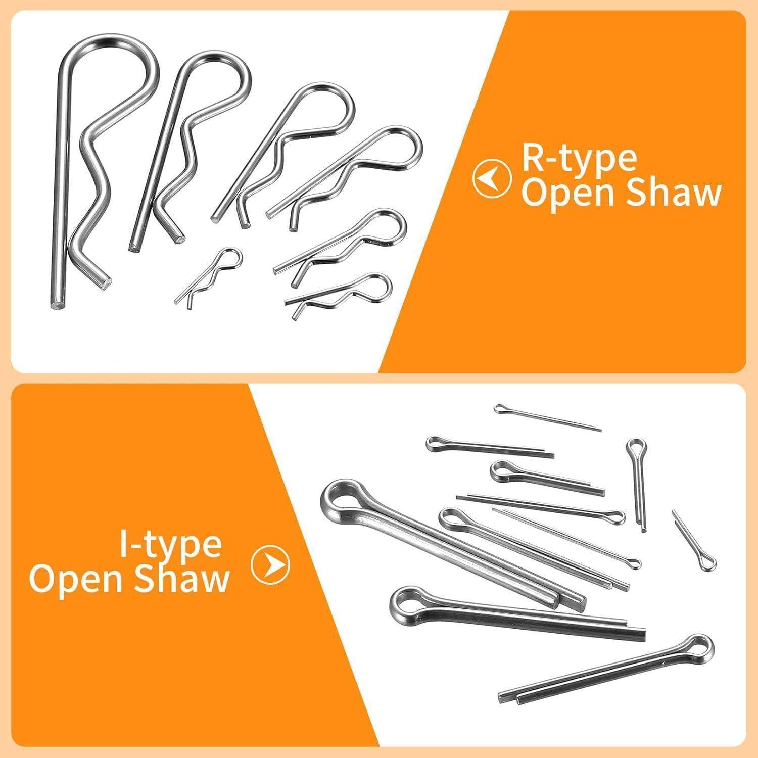 Auf Abschnitten eines orangefarbenen Hintergrunds werden 'R-type Open Shaw' und 'I-type Open Shaw' Stifte in verschiedenen Größen dargestellt.