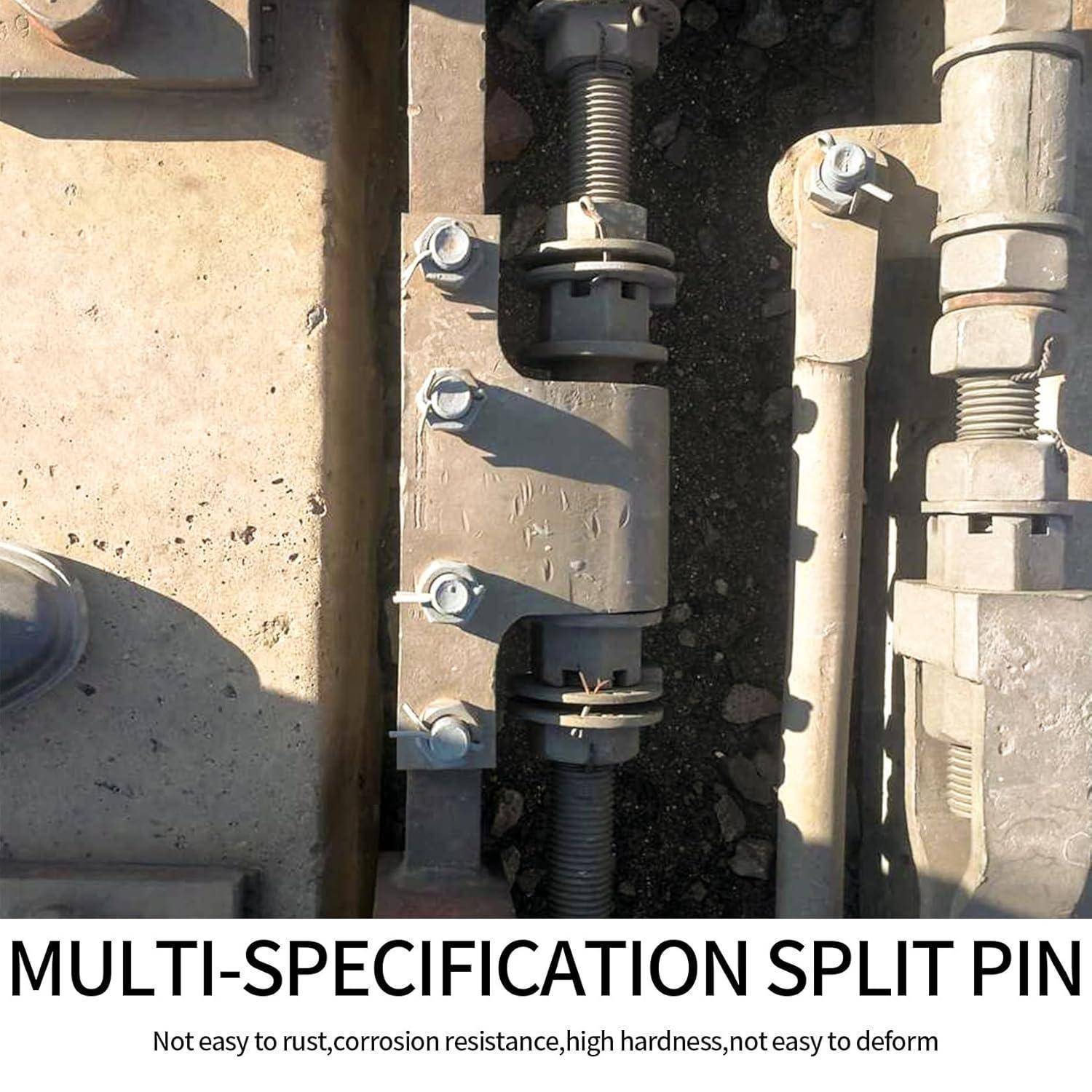 Eine mechanische Baugruppe mit einer Splintschraube und Bolzen, gekennzeichnet als ‚MULTI-SPEZIFIKATION SPLINT', bekannt für Rost- und Korrosionsbeständigkeit.