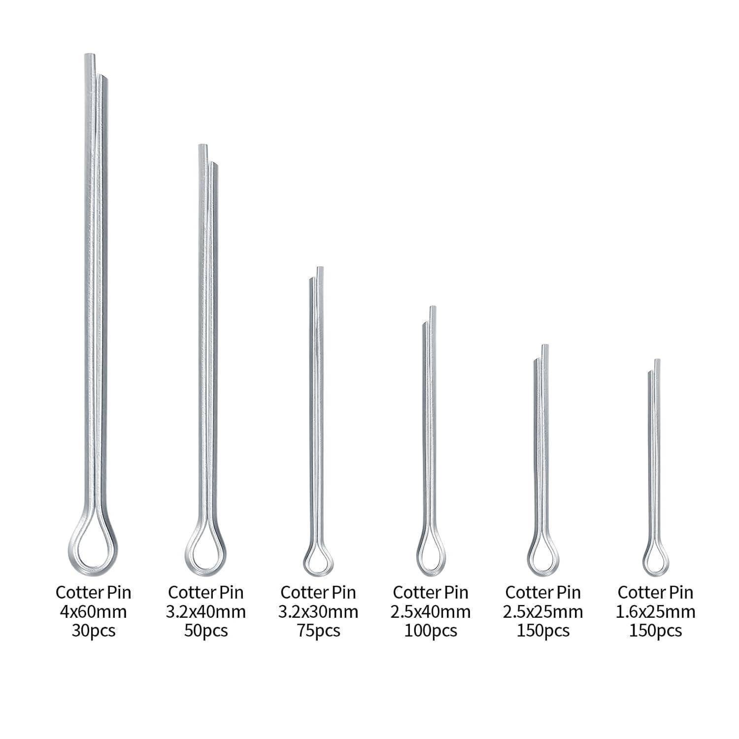 Sortierte metallische Splinte in verschiedenen Größen und Mengen: 30 Stück (4x60mm), 50 Stück (3,2x40mm), 75 Stück (3,2x30mm), 100 Stück (2,5x40mm), 150 Stück (2,5x25mm), 175 Stück (1,6x25mm).