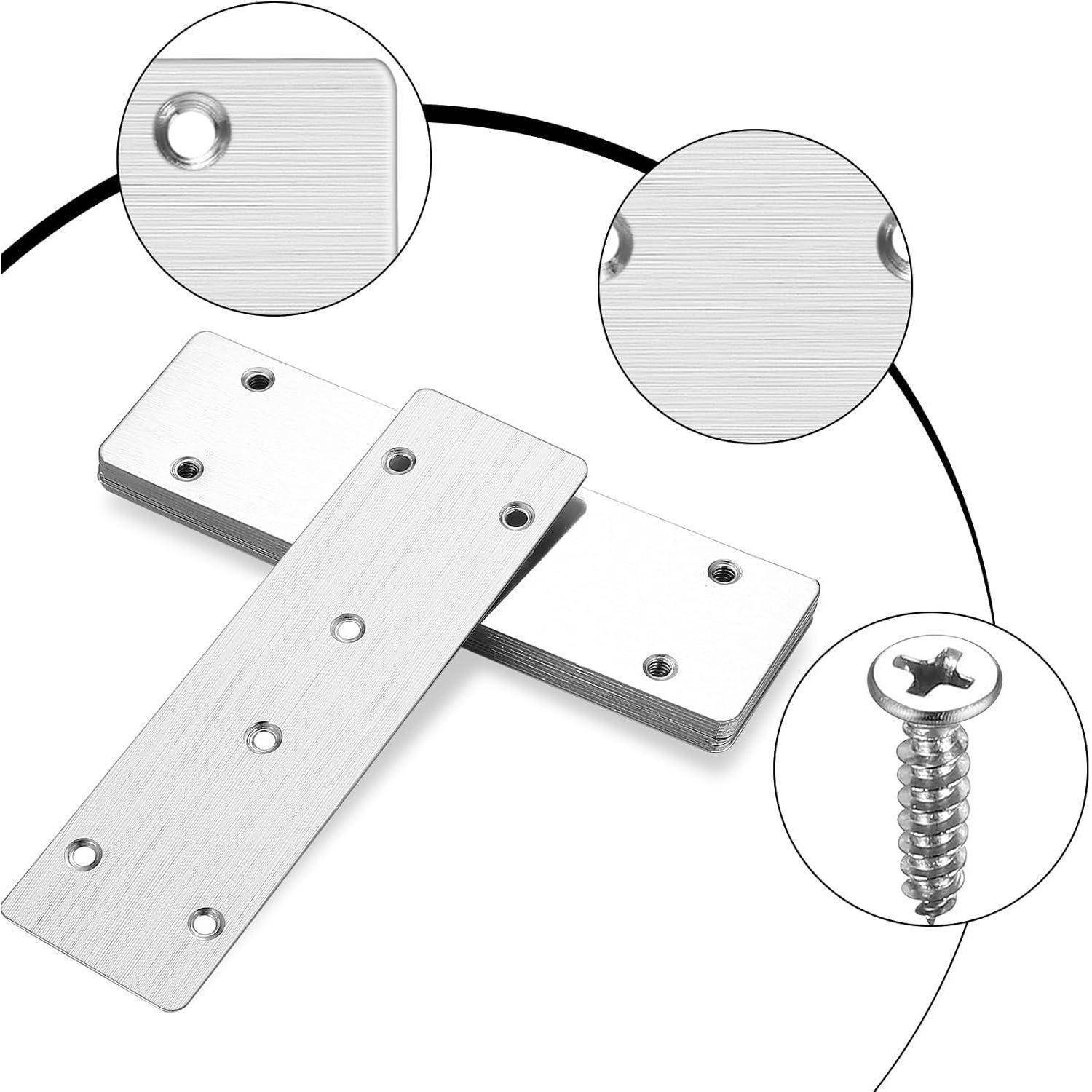 Metallische Reparaturplatte mit kreisrundem Loch und Schrauben für Möbelreparatur; drei kreisrunde Ausschnitte heben die Lochdetails und die mitgelieferten Schrauben hervor.