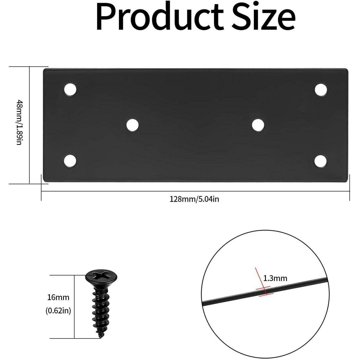 Abbildung zeigt die Maße einer schwarzen Platte mit sechs Bohrlöchern für Schrauben. Plattengröße: 128 mm x 48 mm. Schrauben sind 16 mm lang mit einer Breite von 1,3 mm.