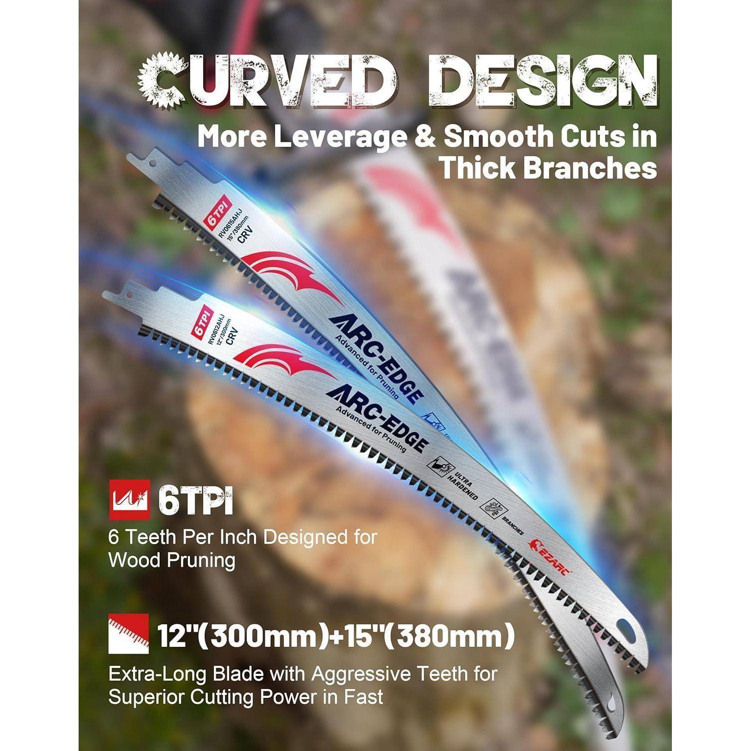 Gebogenes Design: Mehr Hebelkraft & Präzise Schnitte in Dicken Ästen.' Bild zeigt zwei Sägeblätter mit der Bezeichnung 'ARC-EDGE', mit Spezifikationen: '6 TPI' und Größen '12