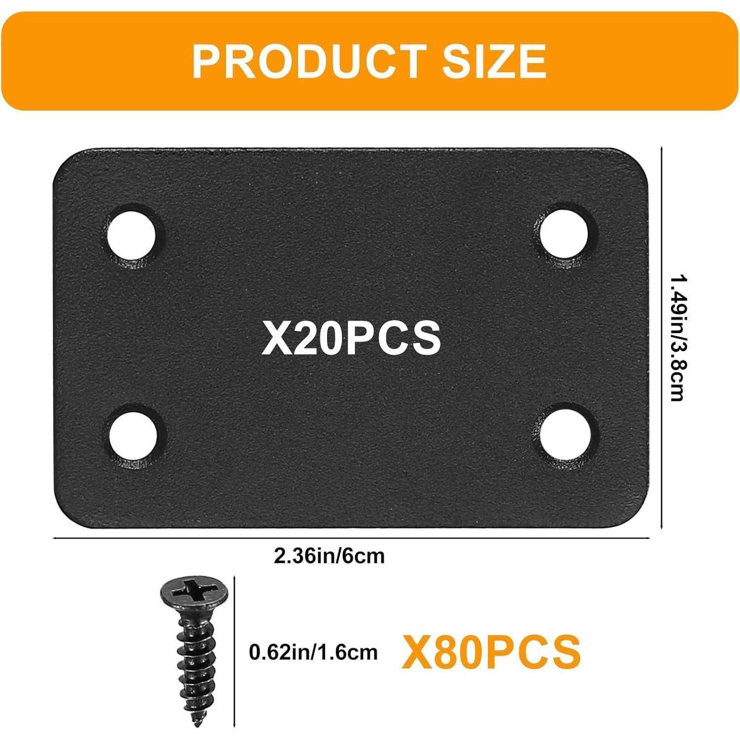 Produktgröße' Bild mit einer schwarzen rechteckigen Metallplatte mit vier Löchern, beschriftet mit 'X20 Stück', Abmessungen 2,36 Zoll/6 cm x 1,49 Zoll/3,8 cm, und einer Schraubengröße von 0,62 Zoll/1,6 cm, 'X80 Stück'.
