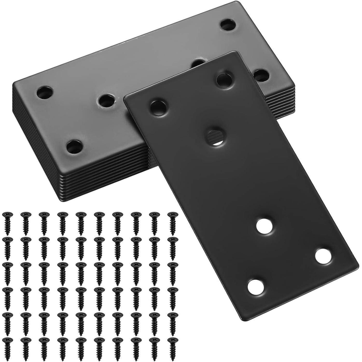 Schwarze Metallreparaturplatten und Schrauben-Set, enthält rechteckige Metallplatten mit je sechs Löchern und mehrere schwarze Schrauben.