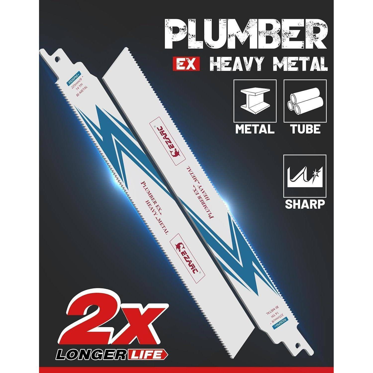 Sägeblätter mit der Aufschrift 'Plumber EX Heavy Metal' zum Schneiden von Metall und Rohren, mit den Versprechen '2x längere Lebensdauer' und 'scharfe' Leistung.