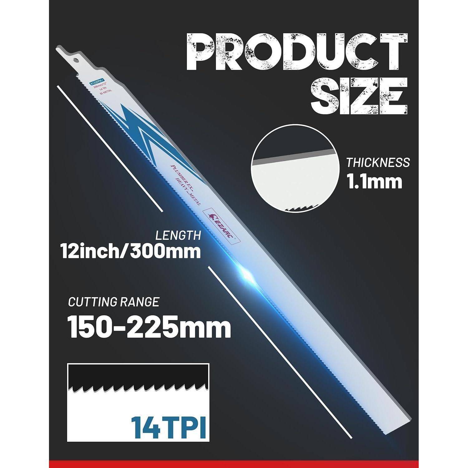 Sägeblattproduktgröße: 12 Zoll/300 mm Länge, Schnittbereich 150-225 mm, 14 Zähne pro Zoll, 1,1 mm Dicke.