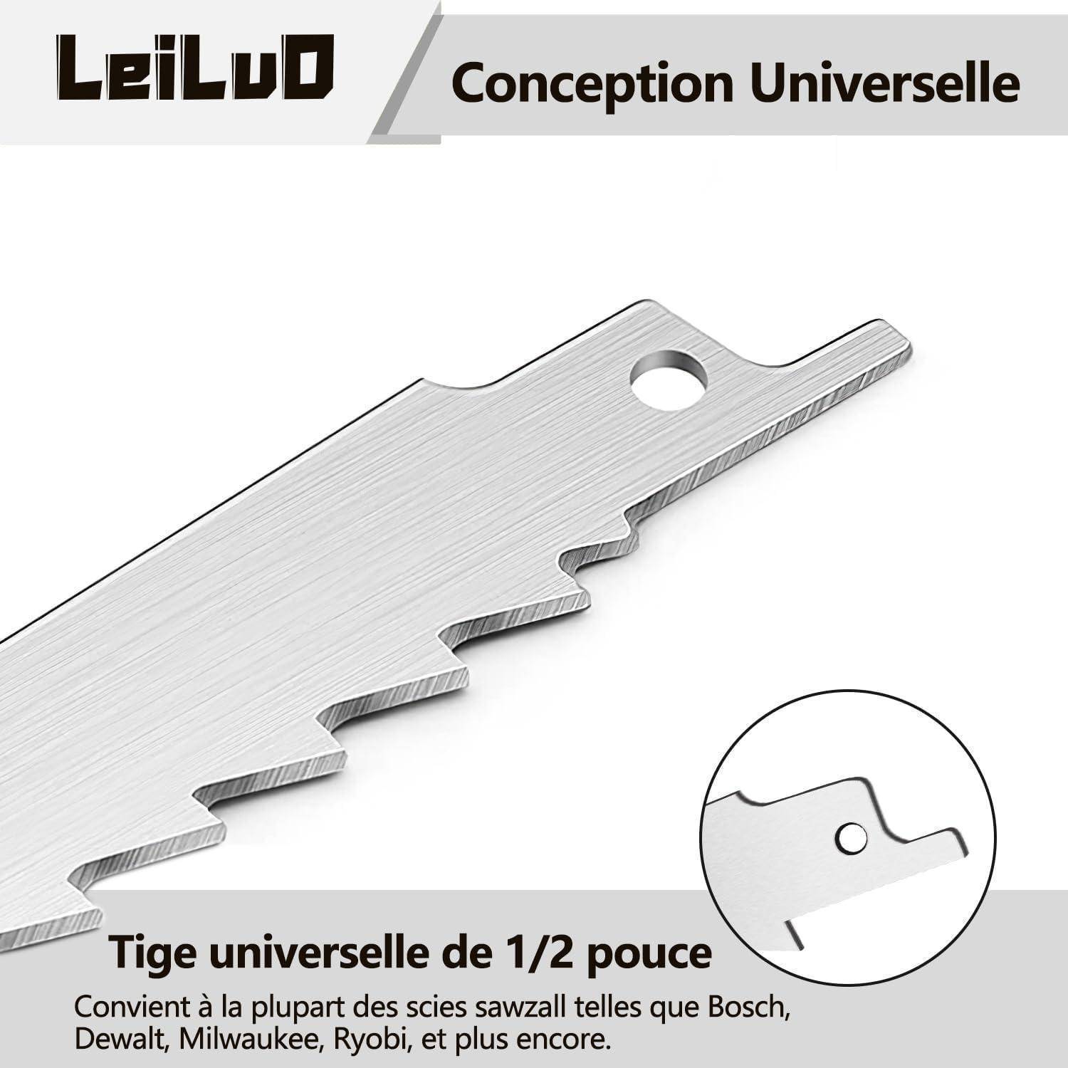 Sägeblatt mit einem universellen Schaftdesign, das für verschiedene Marken wie Bosch, Dewalt, Milwaukee und Ryobi geeignet ist. Text: 'Conception Universelle'.