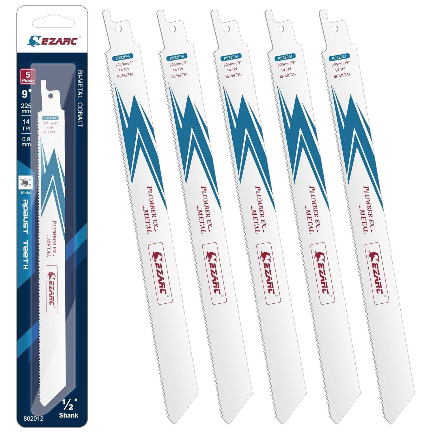 Säbelsägeblätter mit Verpackung. Fünf Klingen, die zum Schneiden von Metall entwickelt wurden, mit der Aufschrift 'EZARC'. Die Klingen sind weiß mit blau-rotem Text.