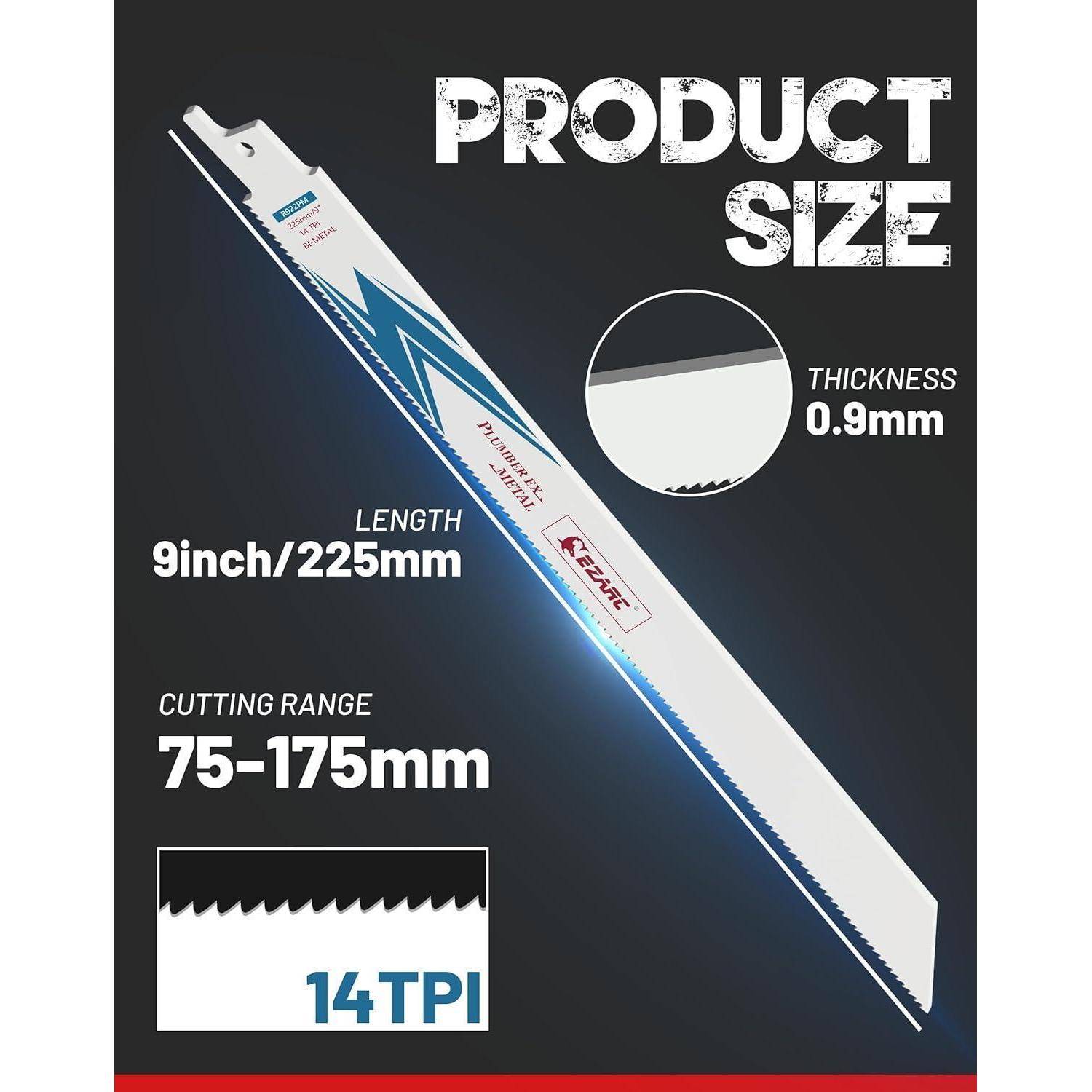 Sägeblatt: Länge 9 Zoll/225 mm, Schnittbereich 75-175 mm, Dicke 0,9 mm, 14 Zähne pro Zoll. Produktgröße im Design hervorgehoben.