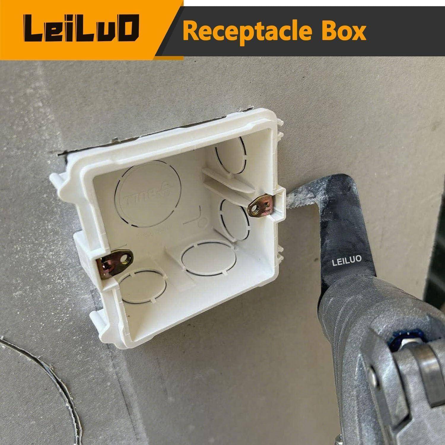 Eine elektrische Steckdosenbox wird mit einem Schraubendreher in eine Wand eingebaut. Das Produkt ist mit der Marke 'LeiLuO' gekennzeichnet.
