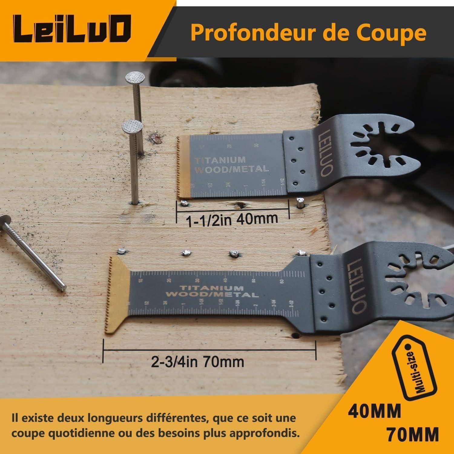 Tafel mit zwei Sägeblättern und Messungen: 1-1/2 Zoll für Holz/Metall, 2-3/4 Zoll für 70 mm. Text auf Französisch vermerkt Blatttiefe.