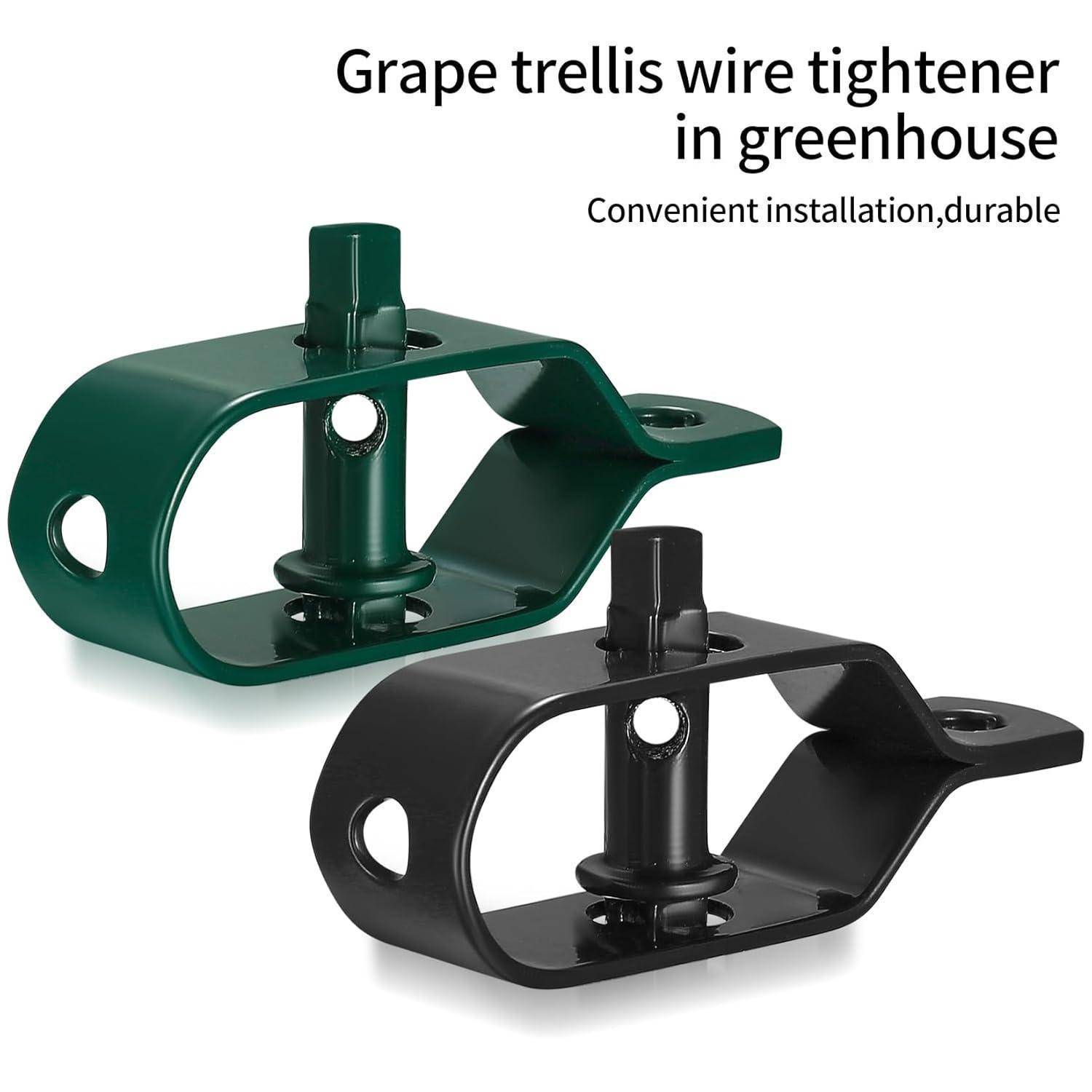 Drahtspanner für Weinreben im Gewächshaus. Bequeme Installation, langlebig.' Zwei Metalldrahtspanner, einer grün und einer schwarz.