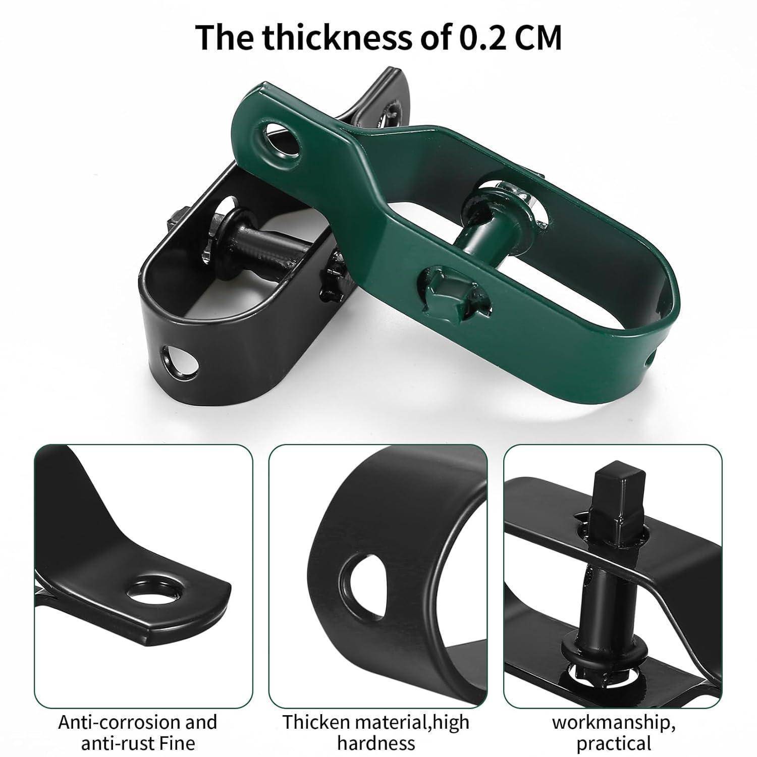 Ein grüner und ein schwarzer Zaunspanner werden gezeigt, der Funktionen wie 0,2 cm Dicke, Korrosionsbeständigkeit, hohe Härte und praktisches Design hervorhebt.