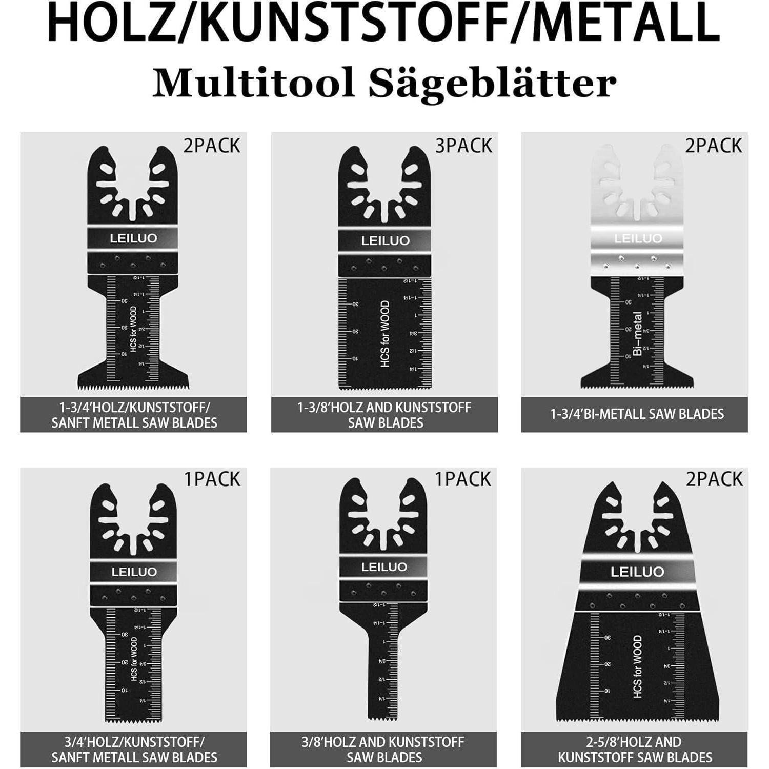 Sechs Arten von Multitool-Sägeblättern für Holz, Kunststoff und Metall in Verpackungen zu je zwei oder drei, mit Maßangaben gekennzeichnet.