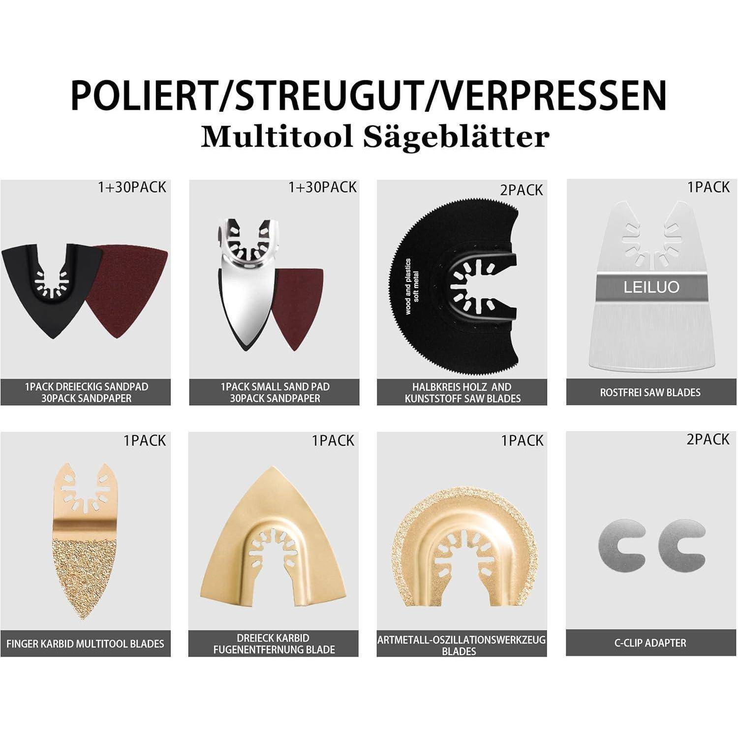 Verschiedene Arten von Multitool-Sägeblättern und Zubehör sind ausgestellt, versehen mit Etiketten, die ihre spezifischen Verwendungszwecke wie Schleifen und Schneiden angeben.