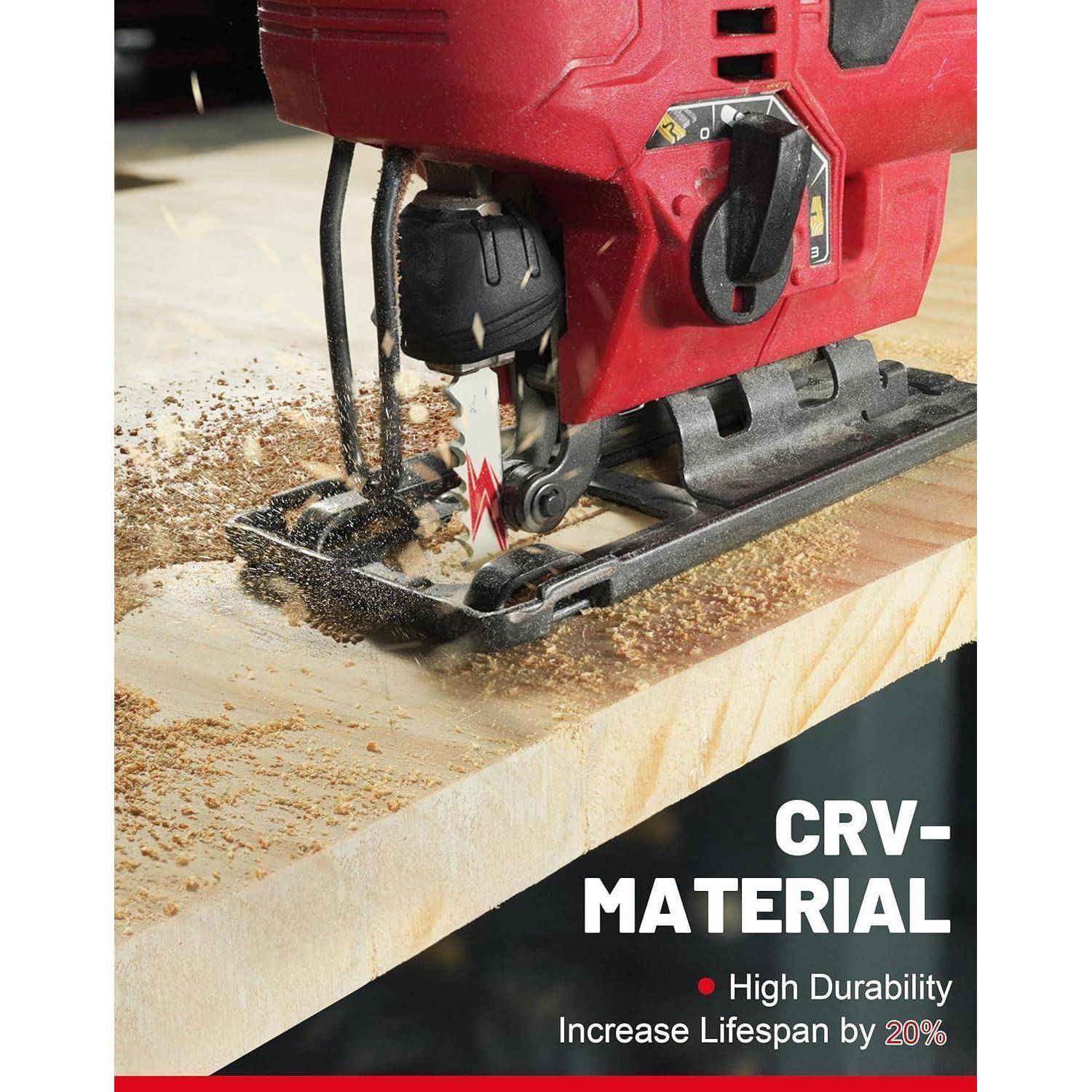 Eine rote Kreissäge, die durch Holz schneidet und Sägespäne erzeugt. Text lautet: 'CRV-Material - Hohe Haltbarkeit, Lebensdauer um 20% erhöht'.